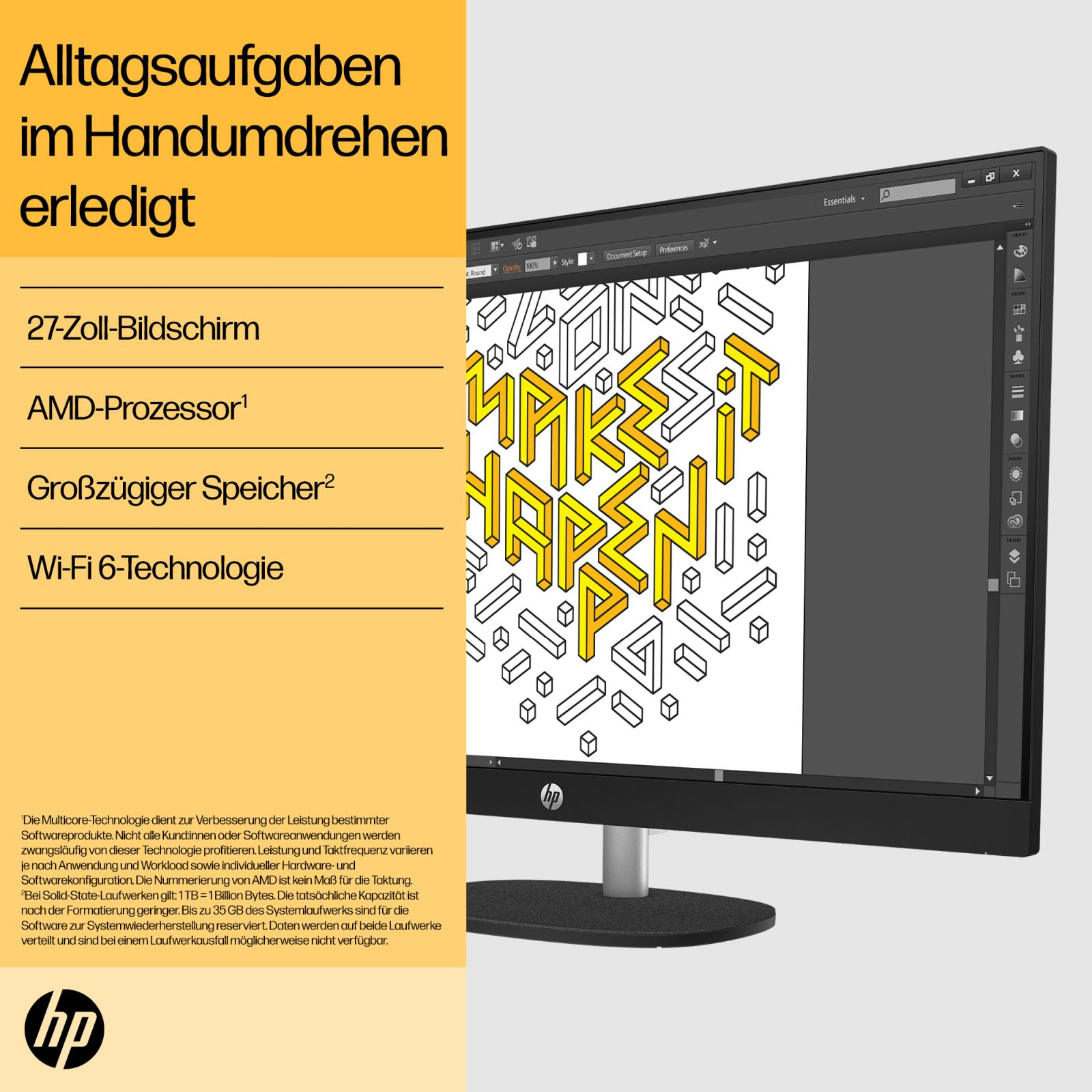 HP-Monitor mit 27 Zoll zeigt Grafikdesign-Software. Links gelber Hintergrund mit technischen Spezifikationen.