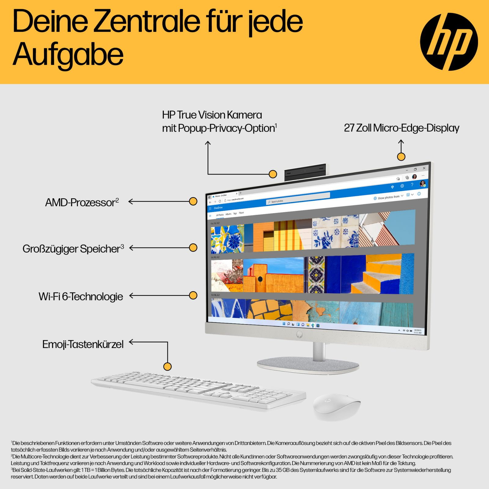 HP All-in-One-Computer mit 27-Zoll-Display, AMD-Prozessor und Tastatur vor gelbem Hintergrund.