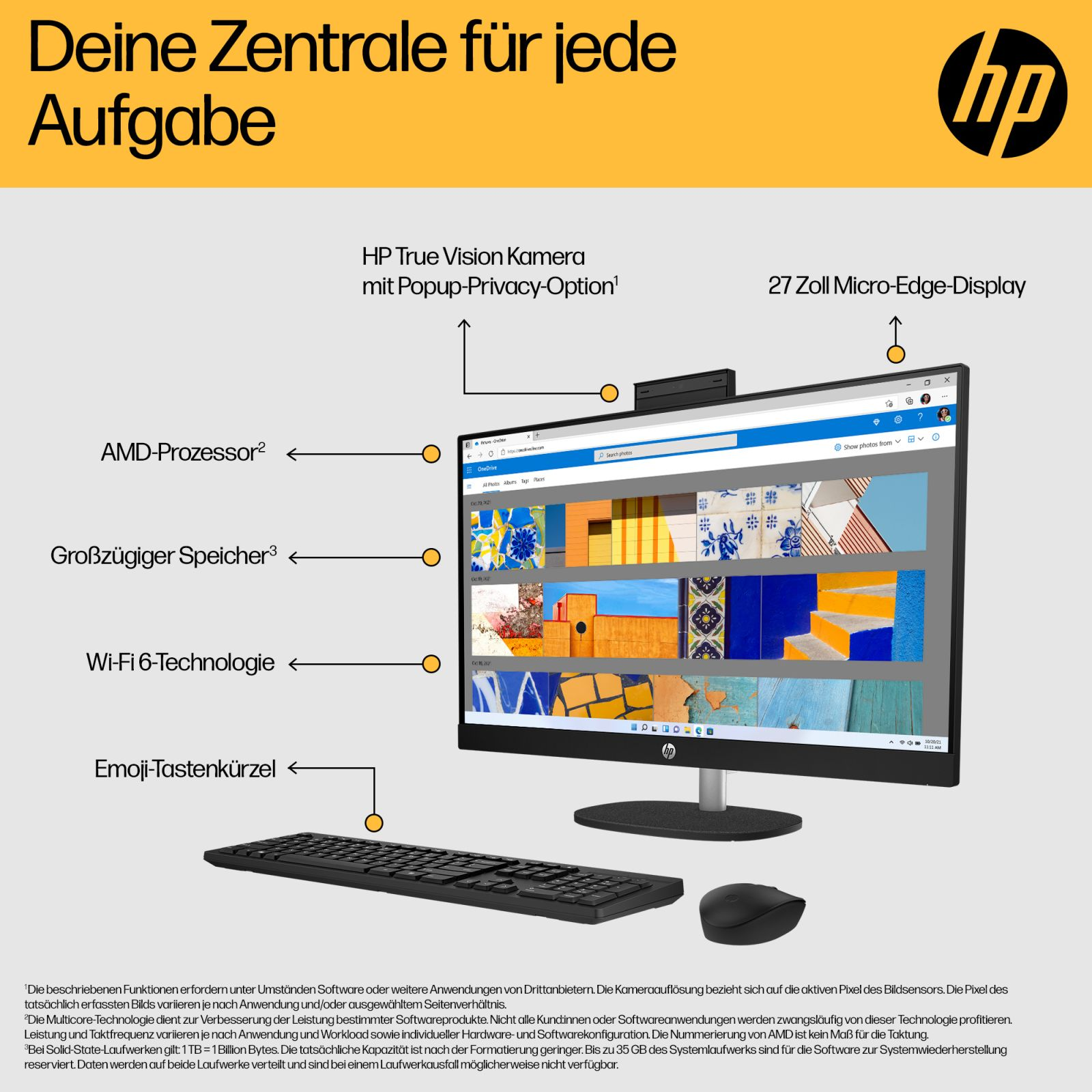 Ein HP All-in-One-Computer mit 27-Zoll-Bildschirm, Tastatur, Maus und beschrifteten Hardware-Funktionen.