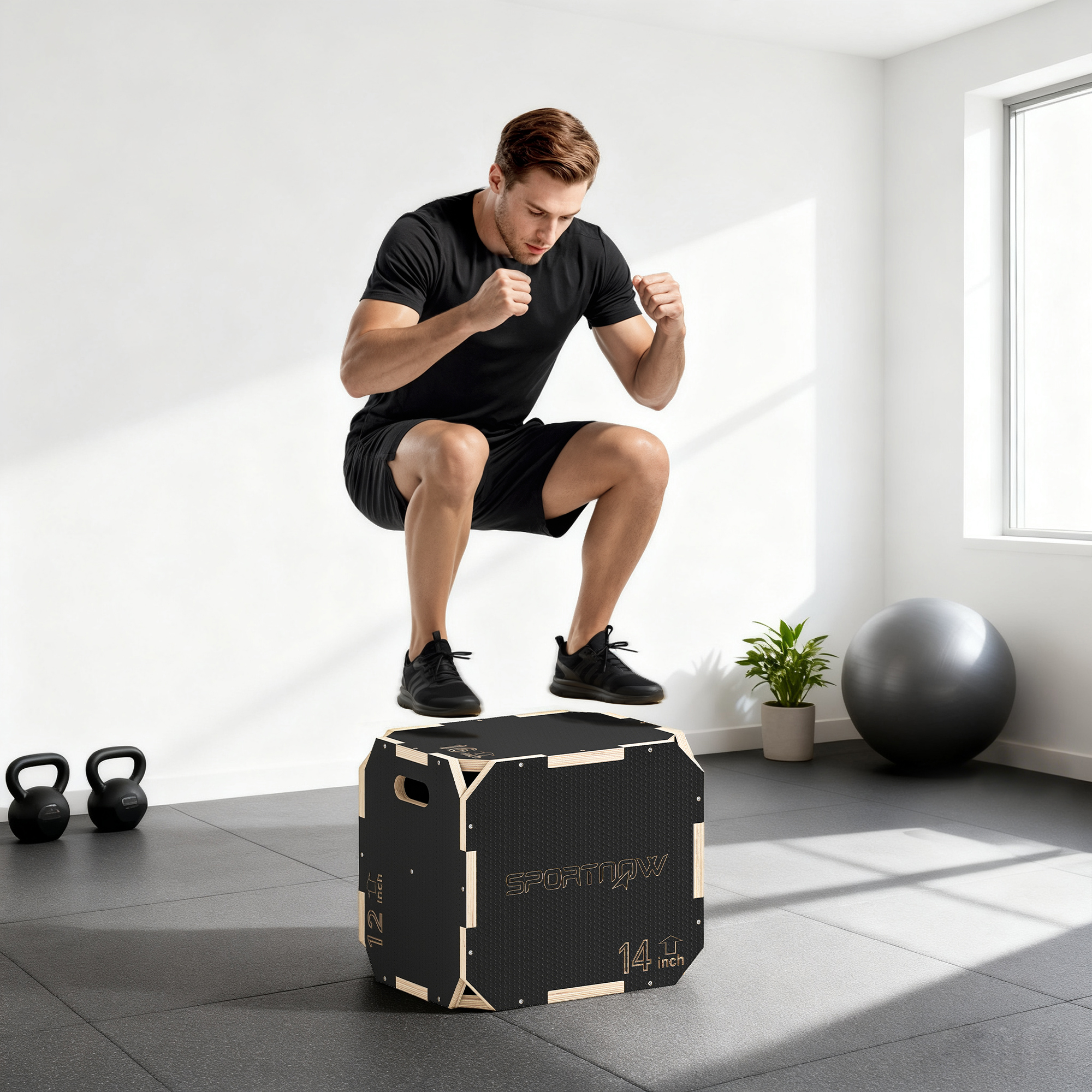 Un hombre salta sobre una caja pliométrica negra en un gimnasio luminoso.