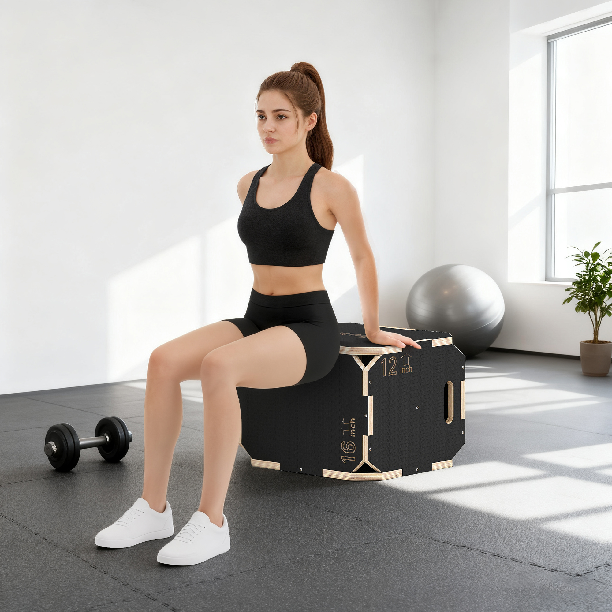 Una mujer con ropa deportiva se sienta en una caja pliométrica en un gimnasio.