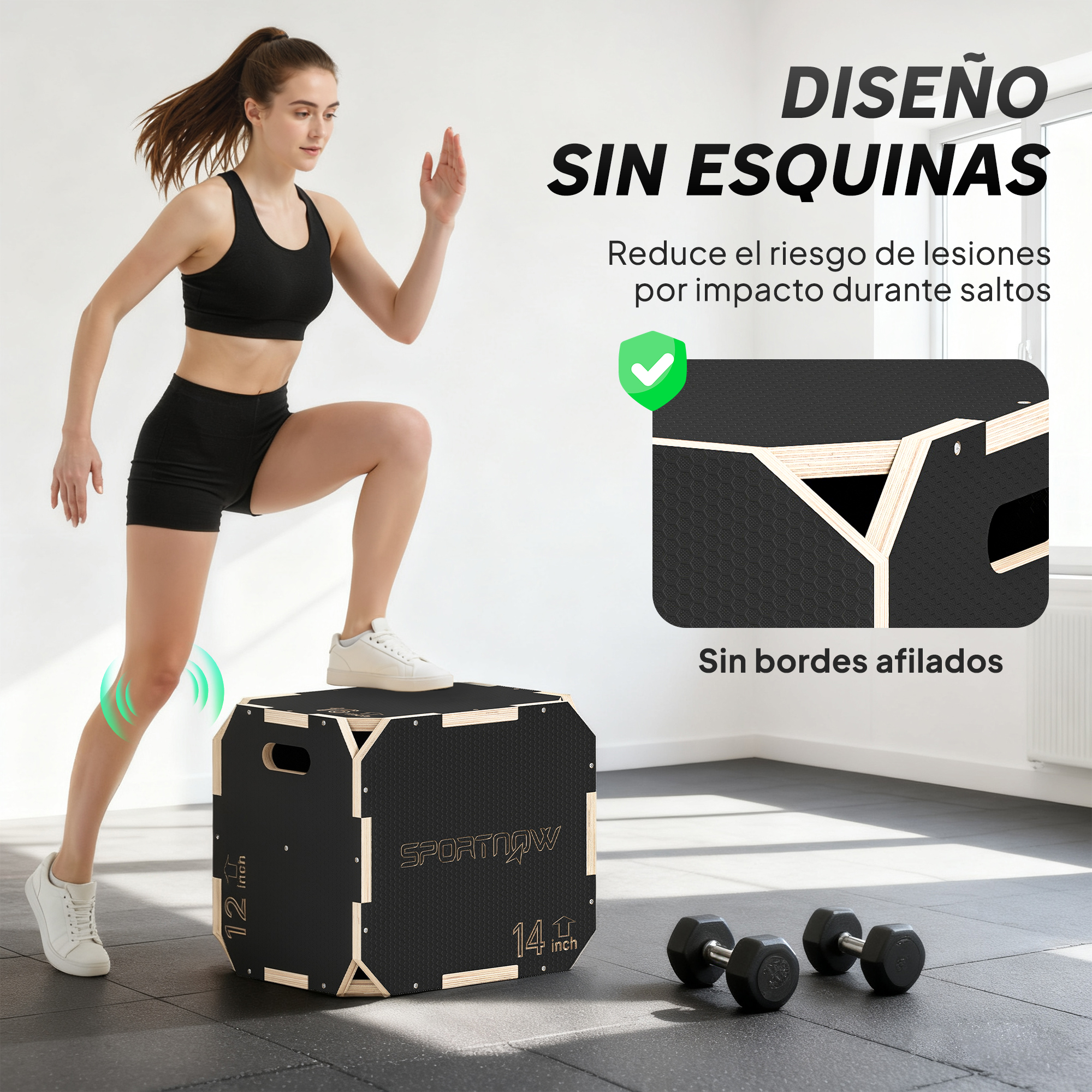 Una mujer en ropa deportiva sube a un cajón de saltos con mancuernas al lado.