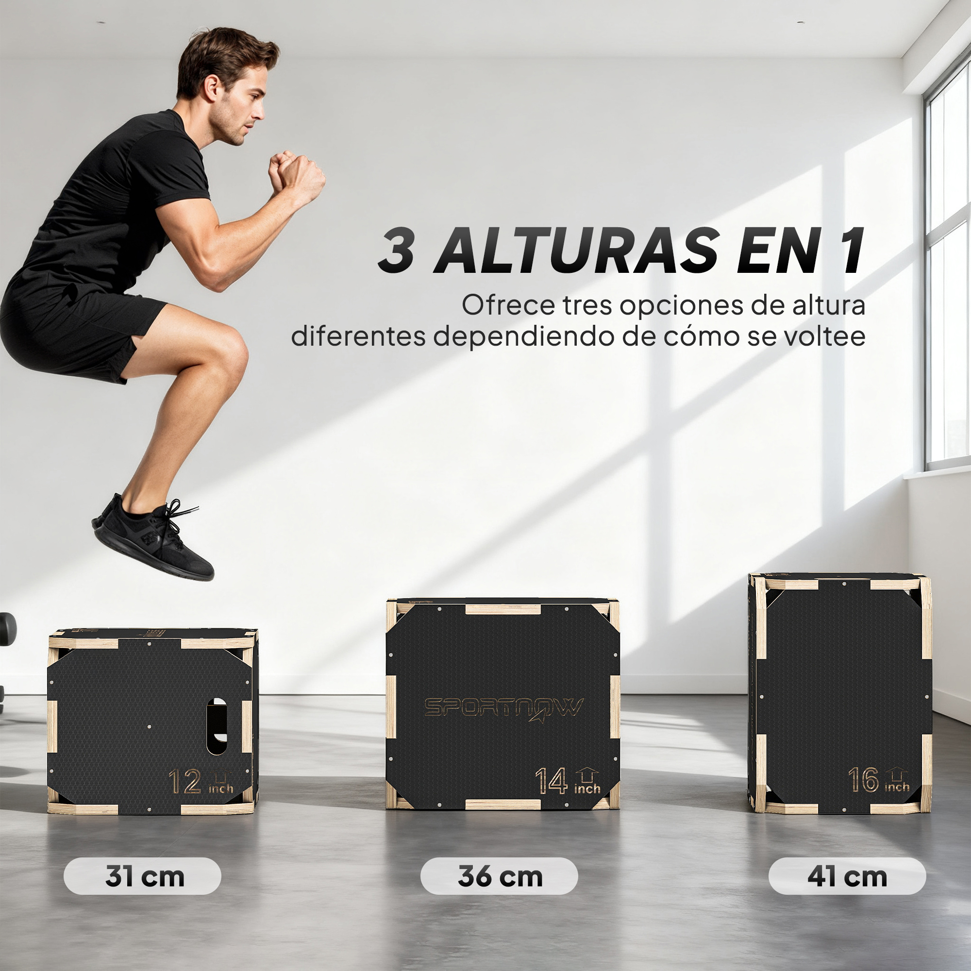 Un hombre con ropa deportiva negra salta sobre tres cajones pliométricos de madera de diferentes alturas.