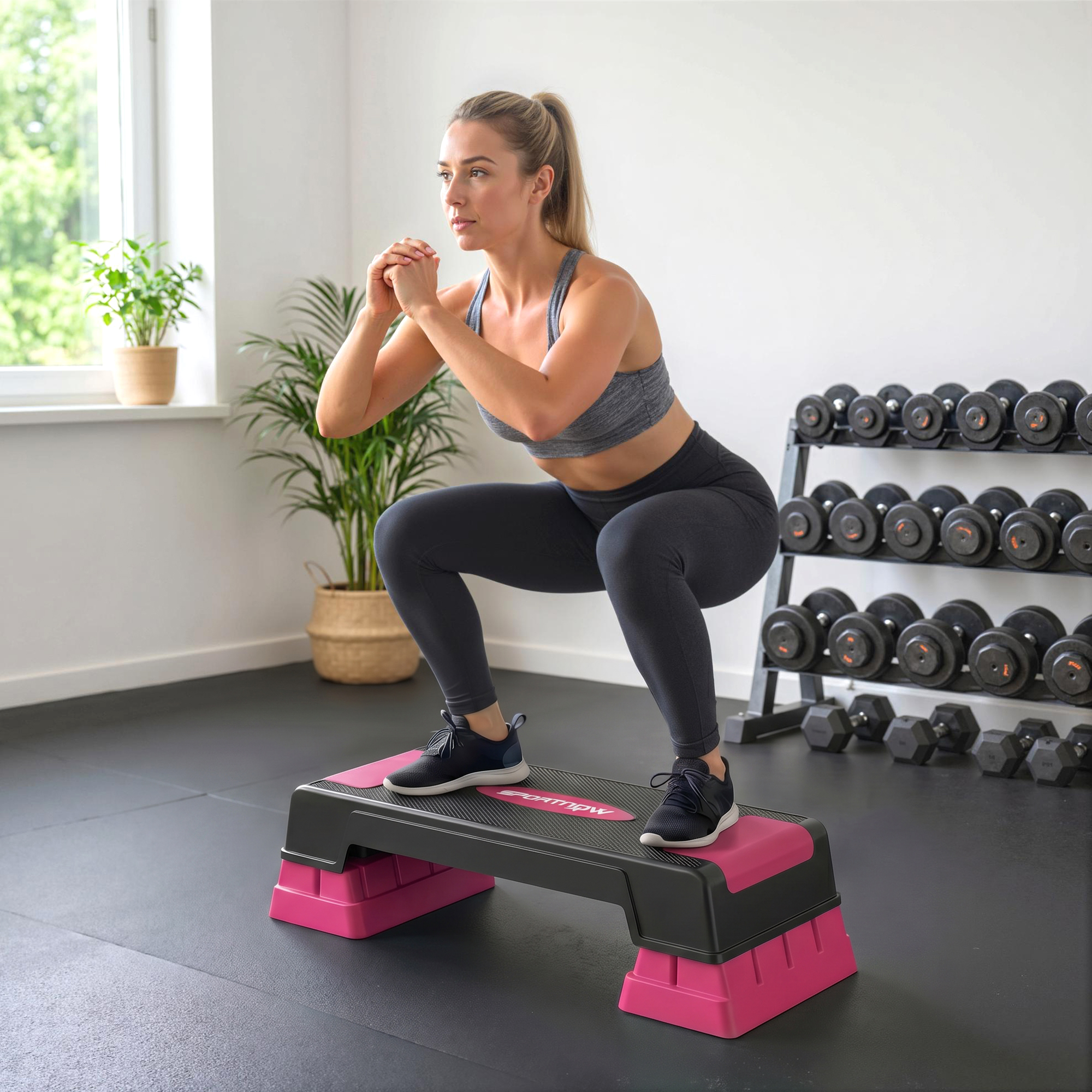 Una mujer rubia con ropa deportiva hace sentadillas en una plataforma de step rosa y negra en un gimnasio.