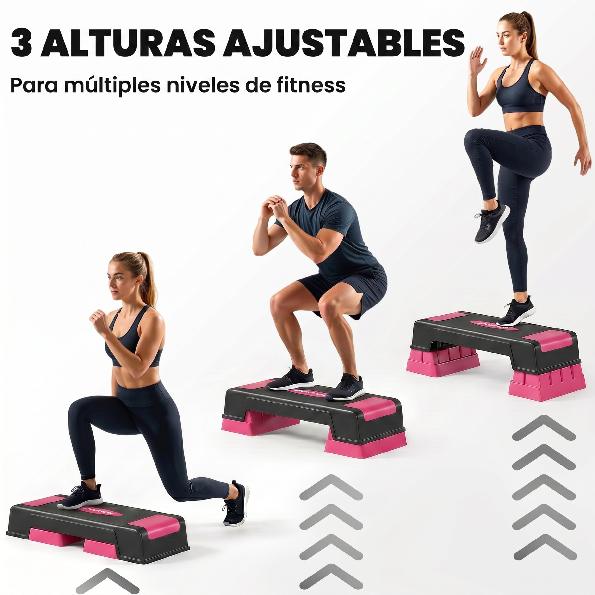 Tres personas demuestran varios ejercicios de fitness usando plataformas de step ajustables.