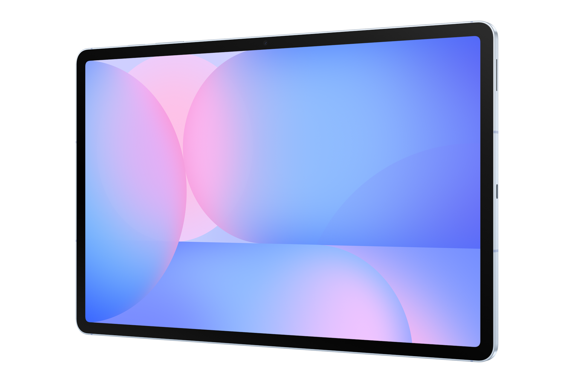 Ein Tablet mit einem hellblauen und rosa abstrakten Hintergrund auf dem Display gegen einen schwarzen Hintergrund.