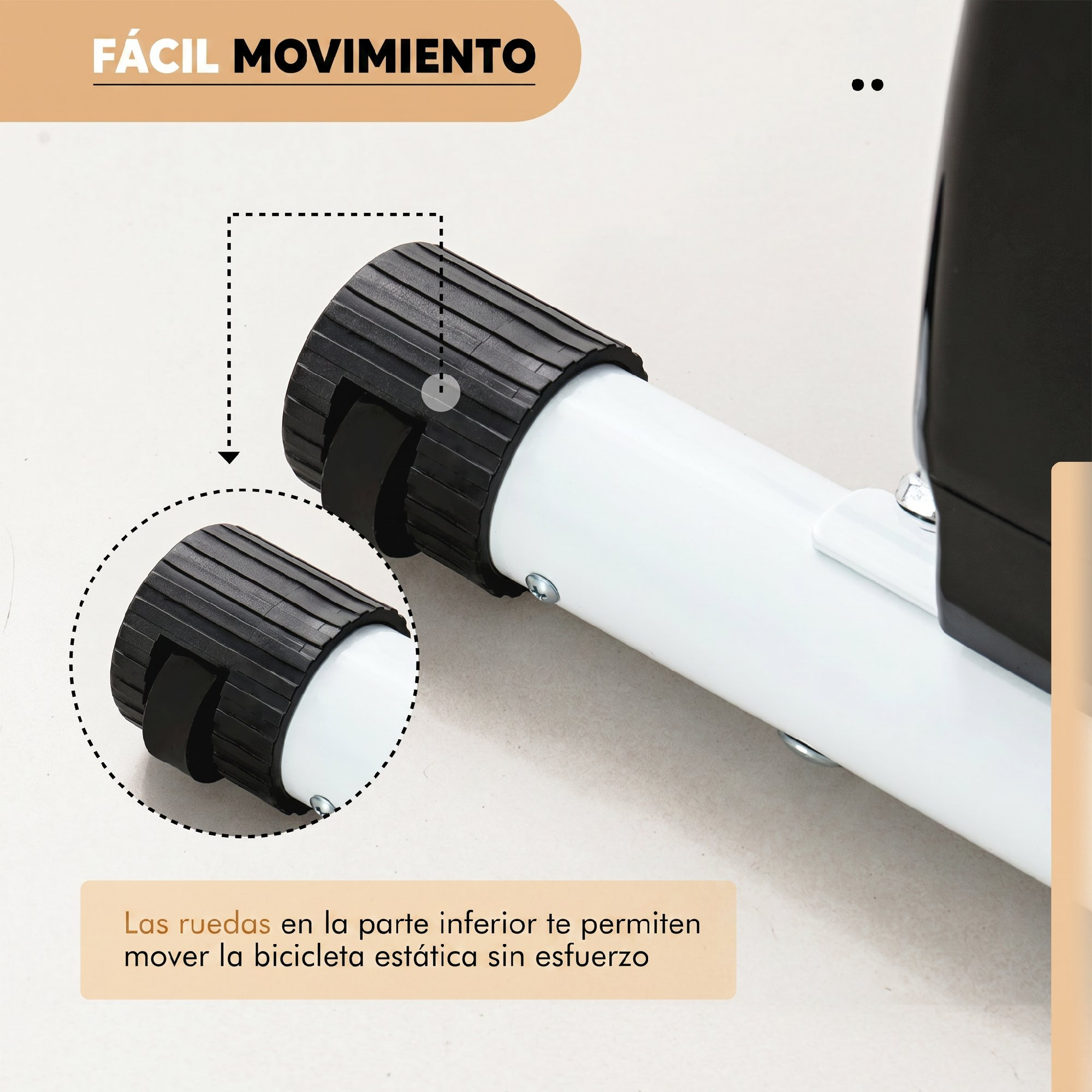 Primer plano de las ruedas de transporte de una bicicleta estática para fácil movimiento.