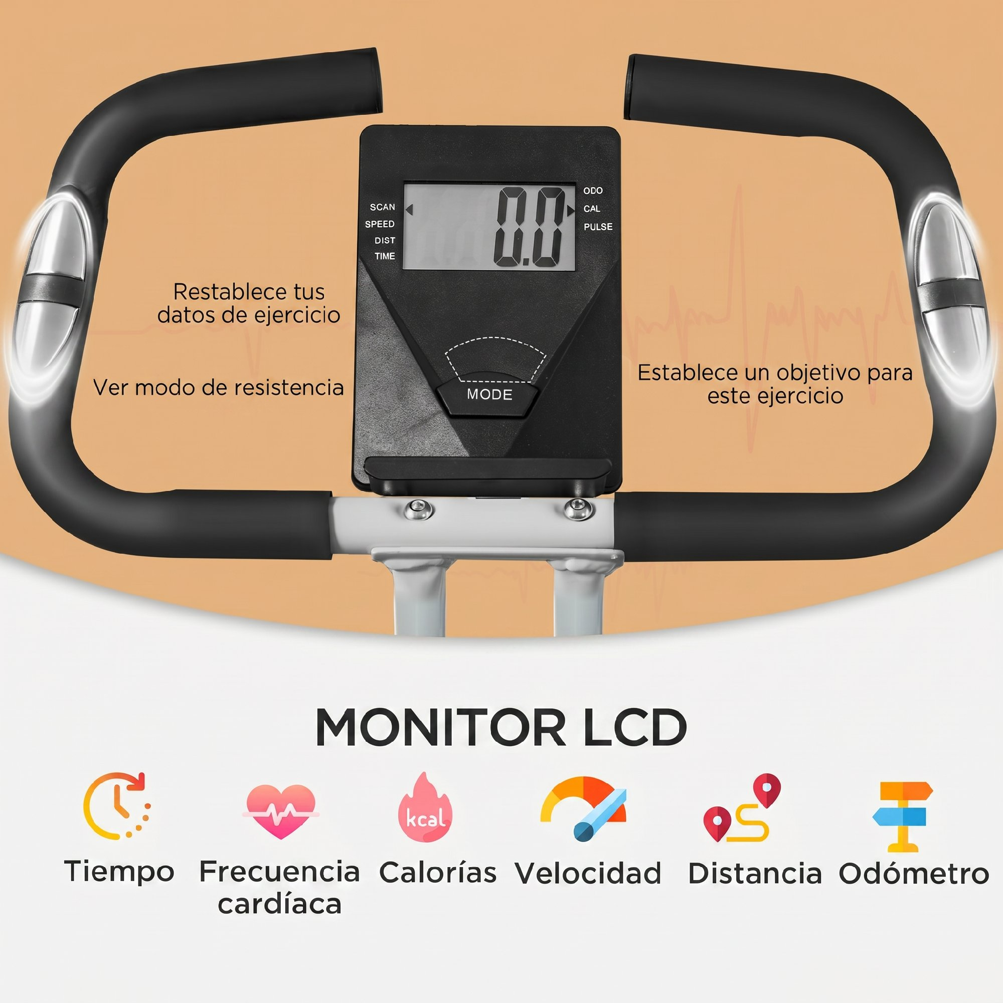 Manillar de bicicleta estática y monitor LCD que muestra 0.0, con etiquetas en español.