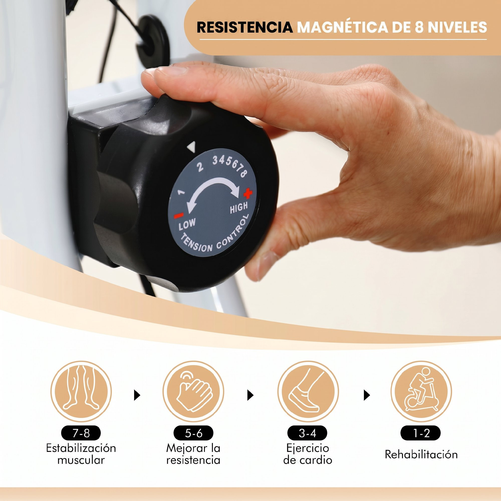Mano ajustando una perilla negra redonda de control de tensión numerada del 1 al 8.