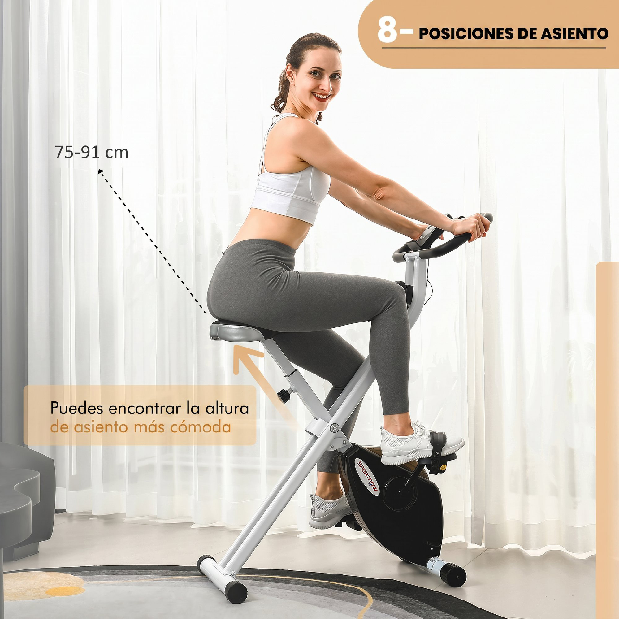 Una mujer haciendo ejercicio en una bicicleta estática ajustable con texto.