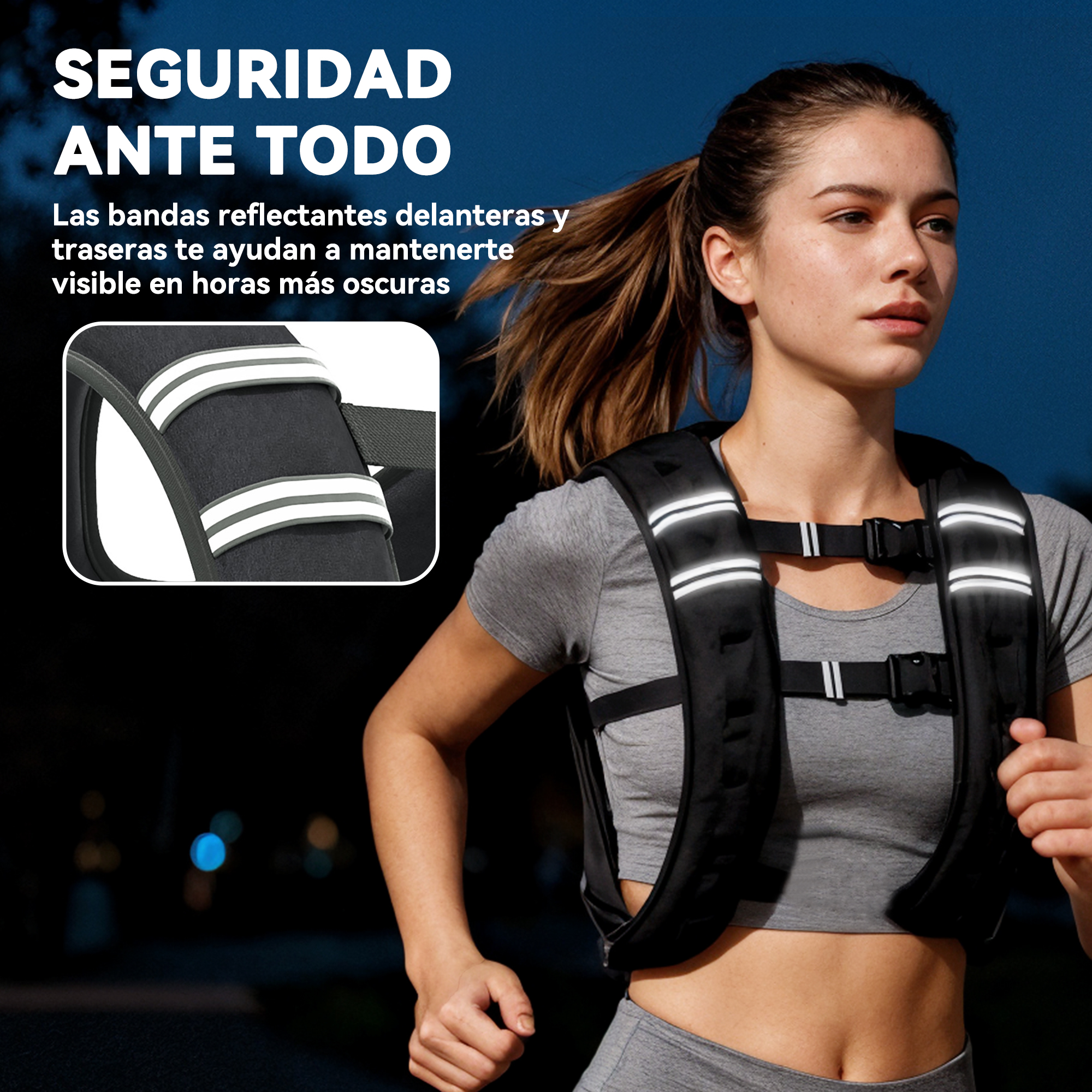 Una mujer corriendo por la noche con un chaleco reflectante negro con rayas.