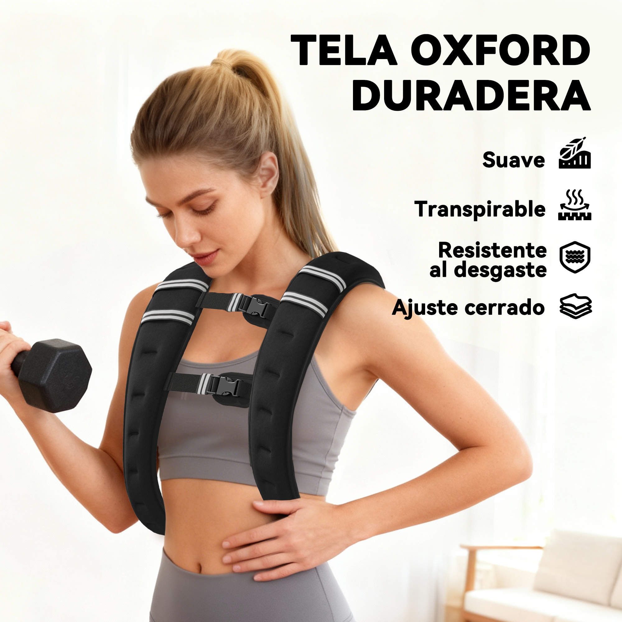 Una mujer con un chaleco con peso negro levanta una mancuerna, con texto en español e iconos.