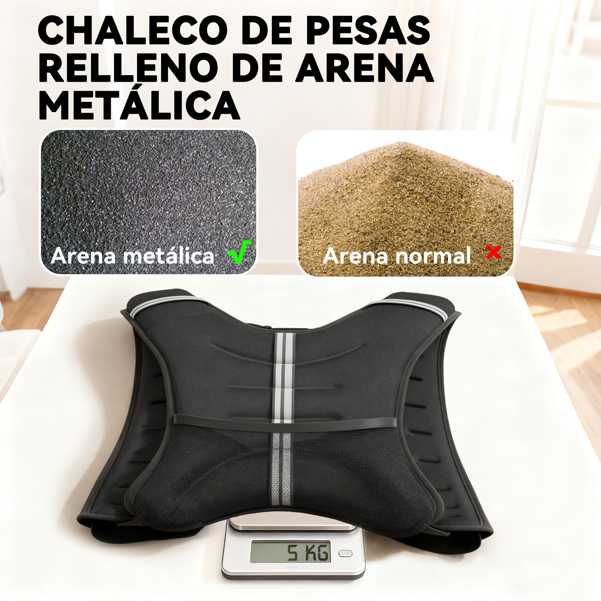 Chaleco de peso negro en una báscula (5 kg), comparando arena metálica y arena normal.