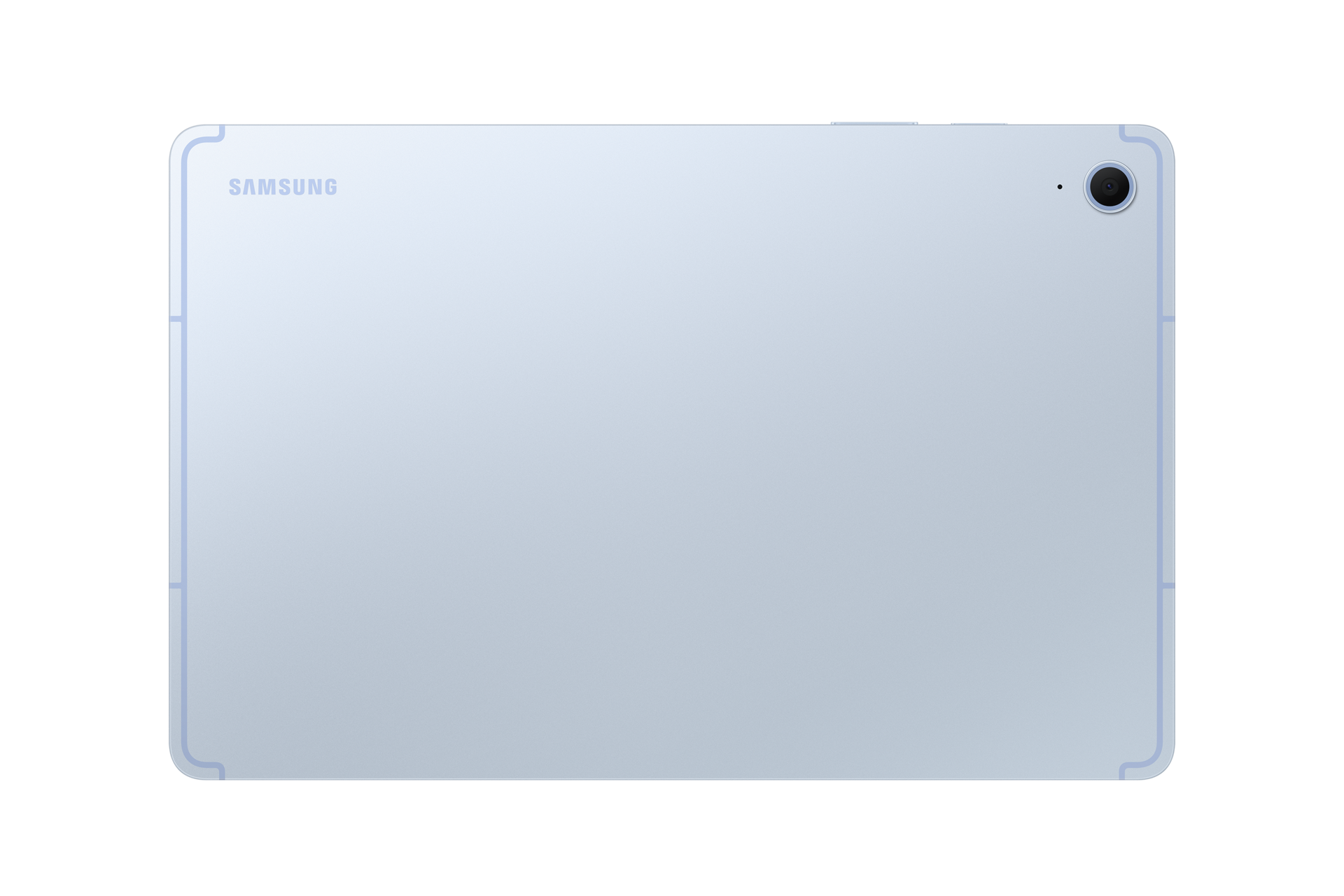 Il retro di un tablet Samsung blu con una fotocamera e il logo.
