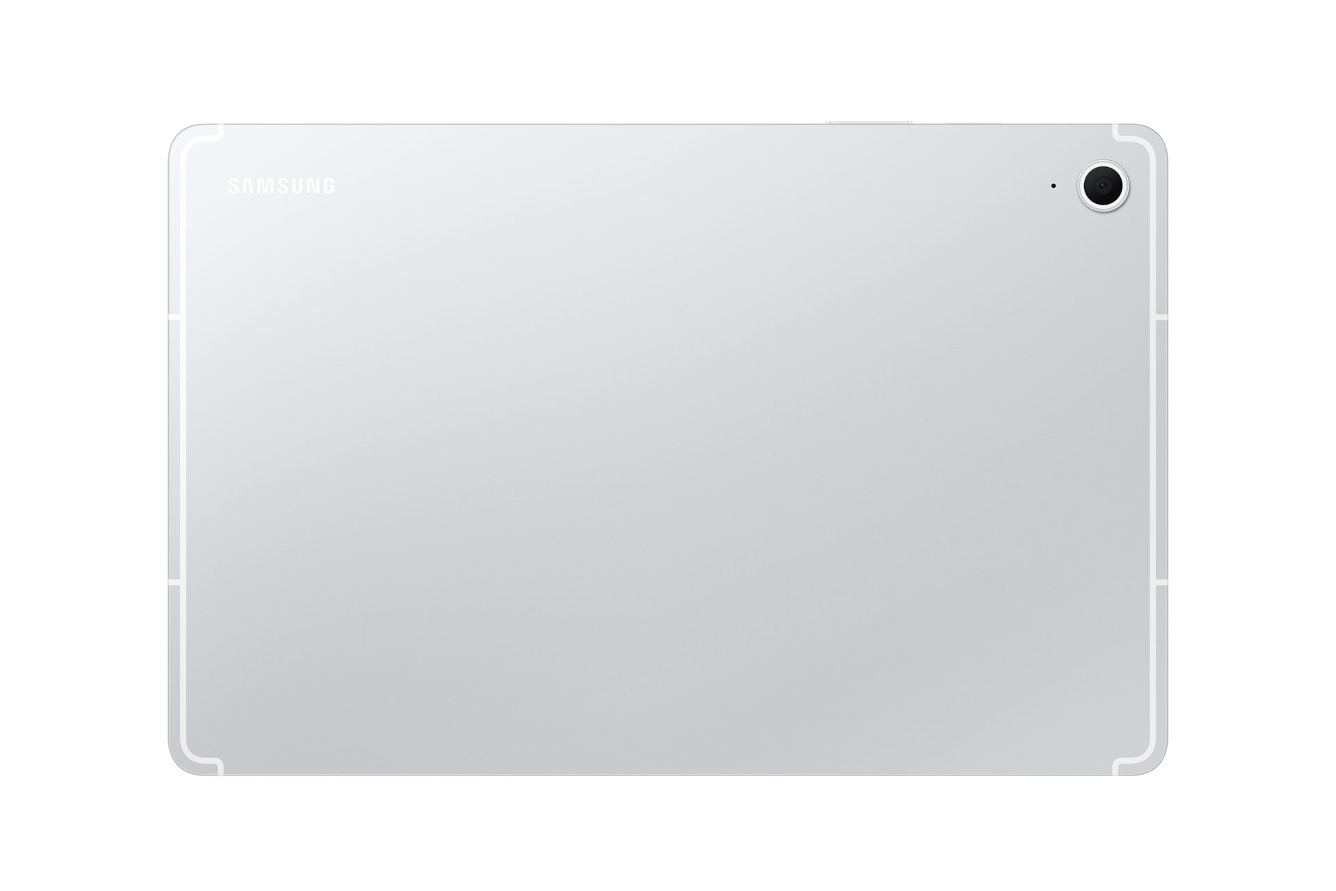 Retro di un tablet Samsung argentato con una fotocamera in alto a destra e logo a sinistra, su sfondo nero.