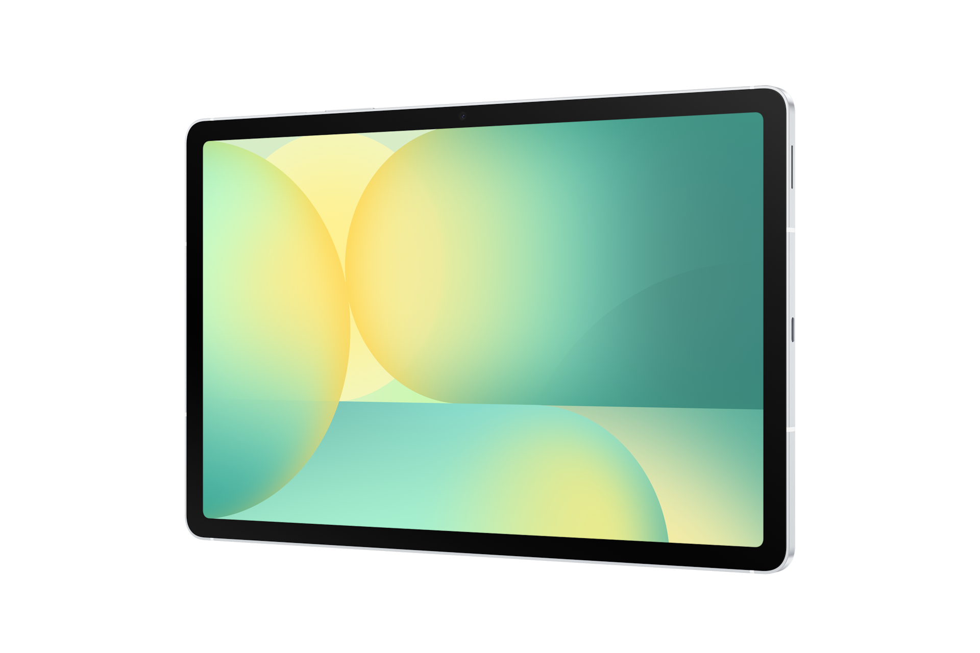 Un tablet argentato con cerchi colorati sullo schermo su sfondo nero.