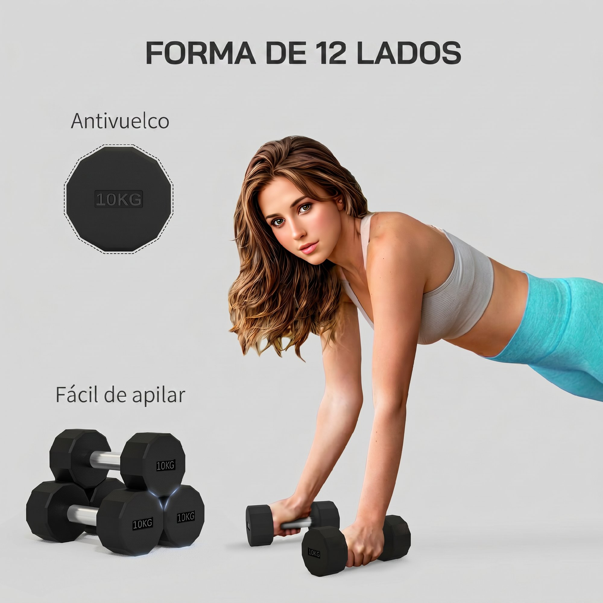 Una mujer hace flexiones sobre mancuernas de 12 lados y 10 kg con fondo claro.