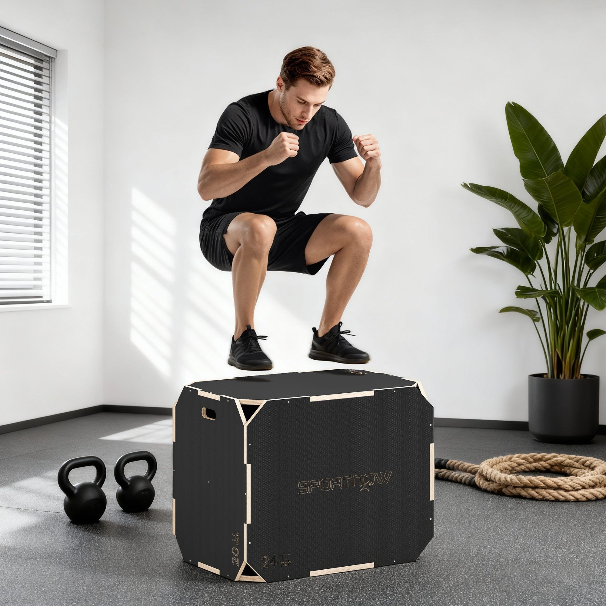 Un hombre salta sobre una caja pliométrica negra en un gimnasio luminoso, rodeado de pesas y una planta.