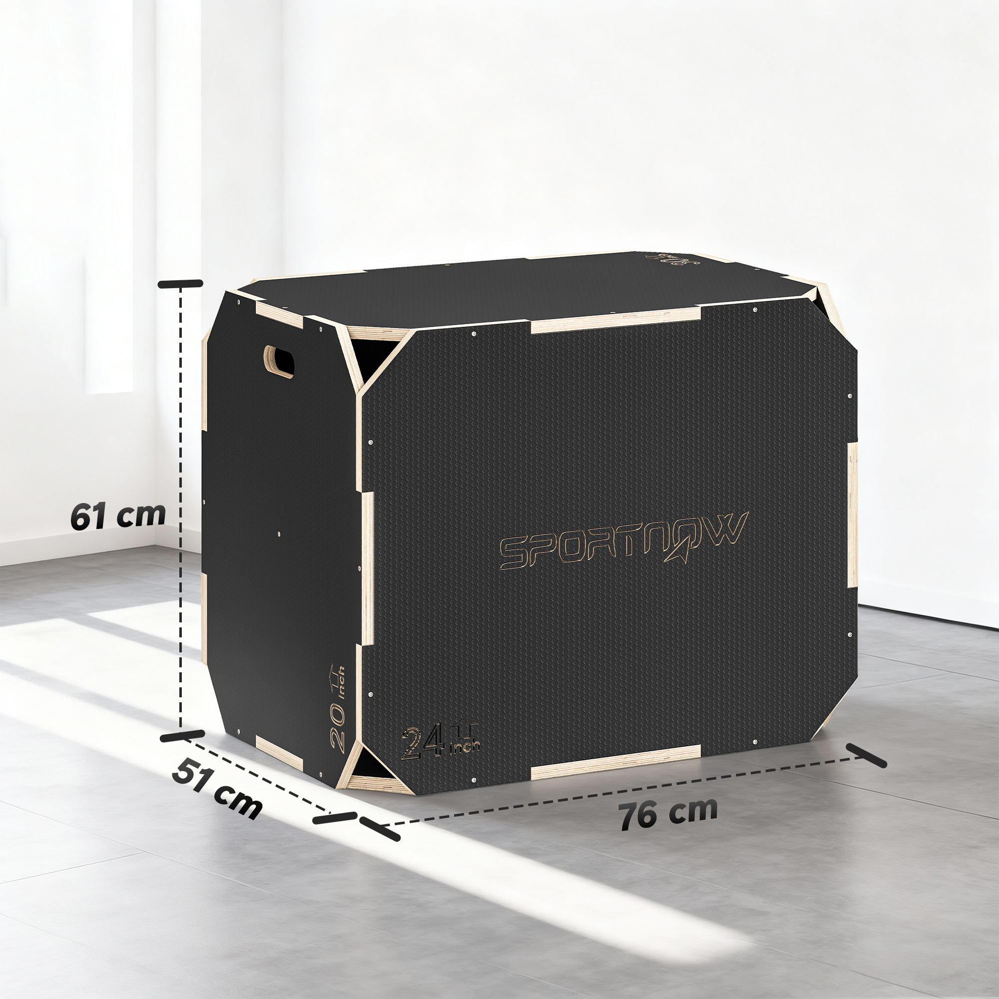 Caja pliométrica de madera negra de 76x51x61 cm sobre suelo gris.