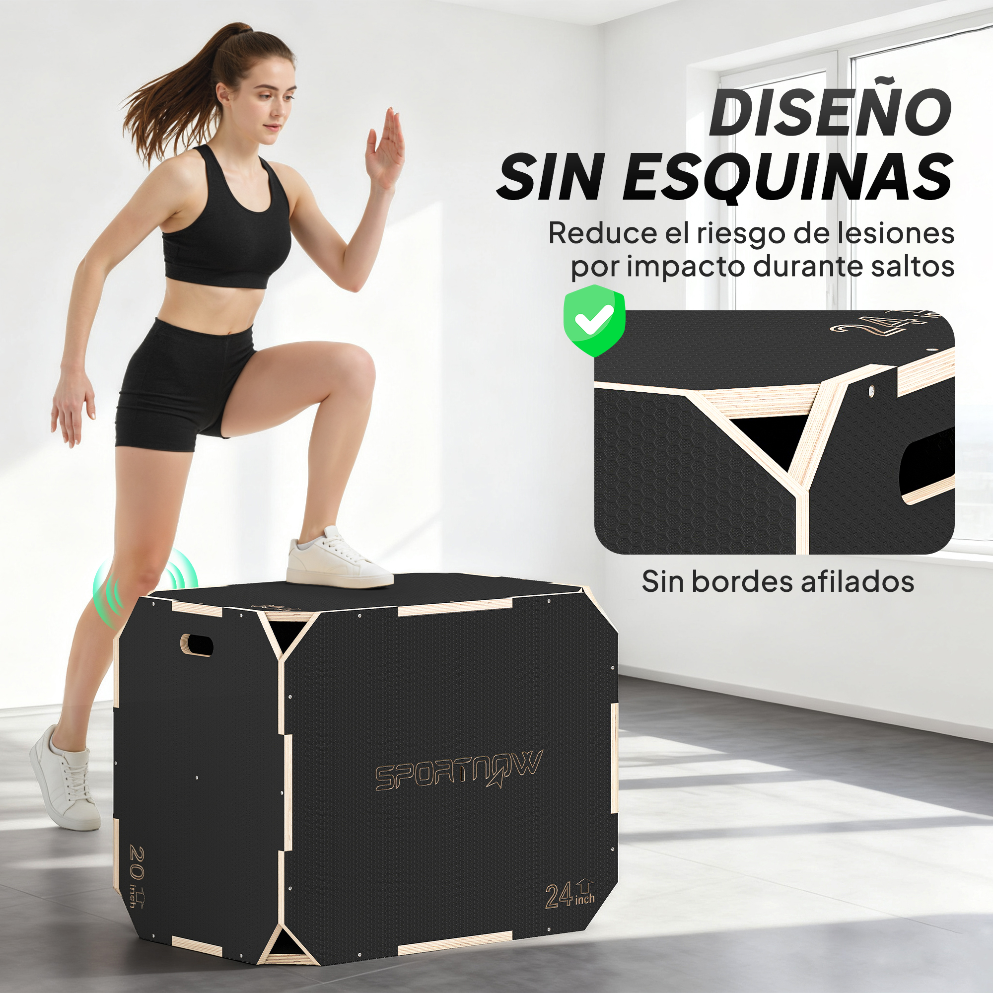 Una mujer salta sobre una caja de salto negra con esquinas redondeadas en una habitación luminosa.