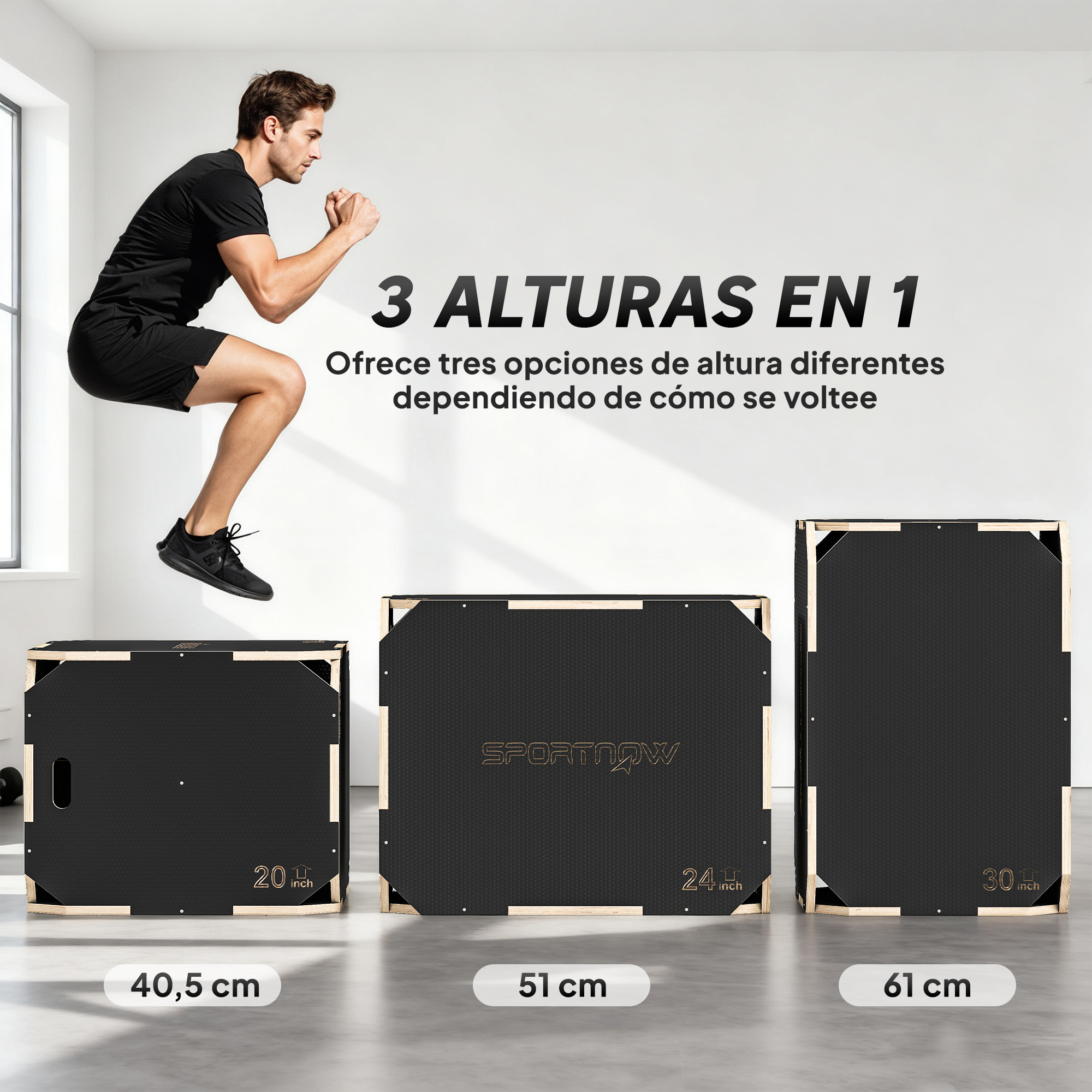 Un hombre salta sobre tres cajas pliométricas negras de 40,5 cm, 51 cm y 61 cm.