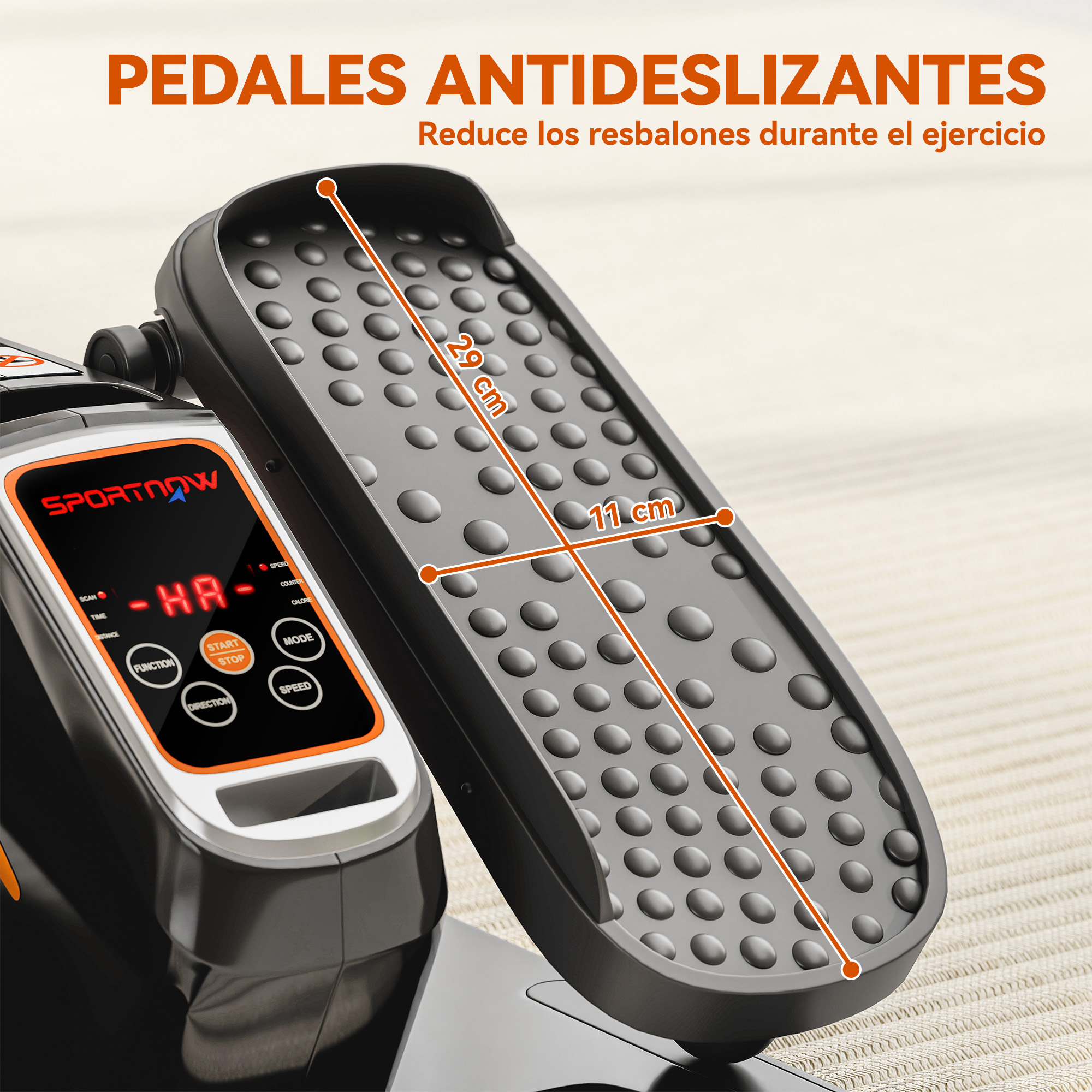 Pedal antideslizante de máquina de ejercicio, 29x11 cm, con pantalla digital a la izquierda.