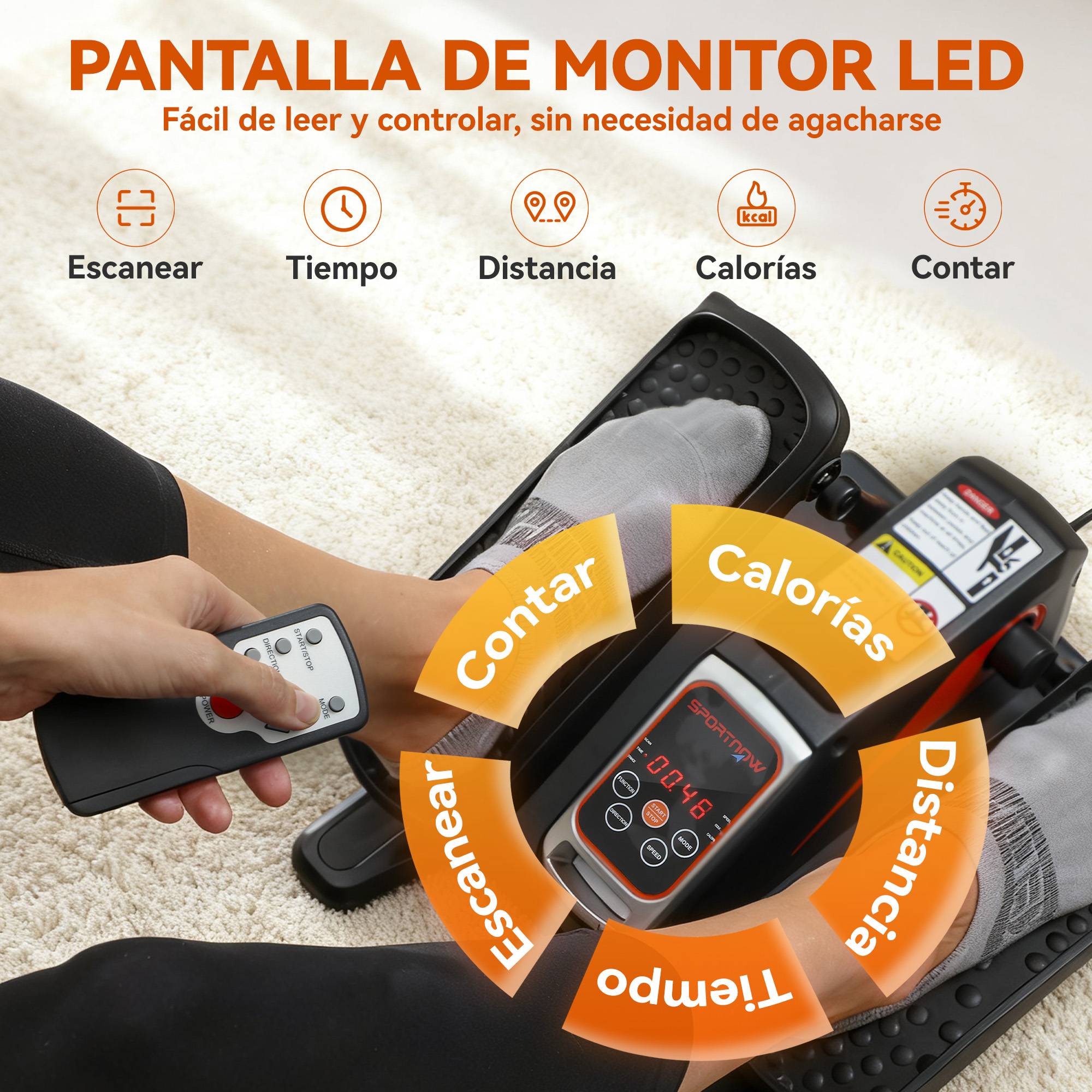Una persona usa un control remoto para operar una elíptica de escritorio con monitor LED de métricas.