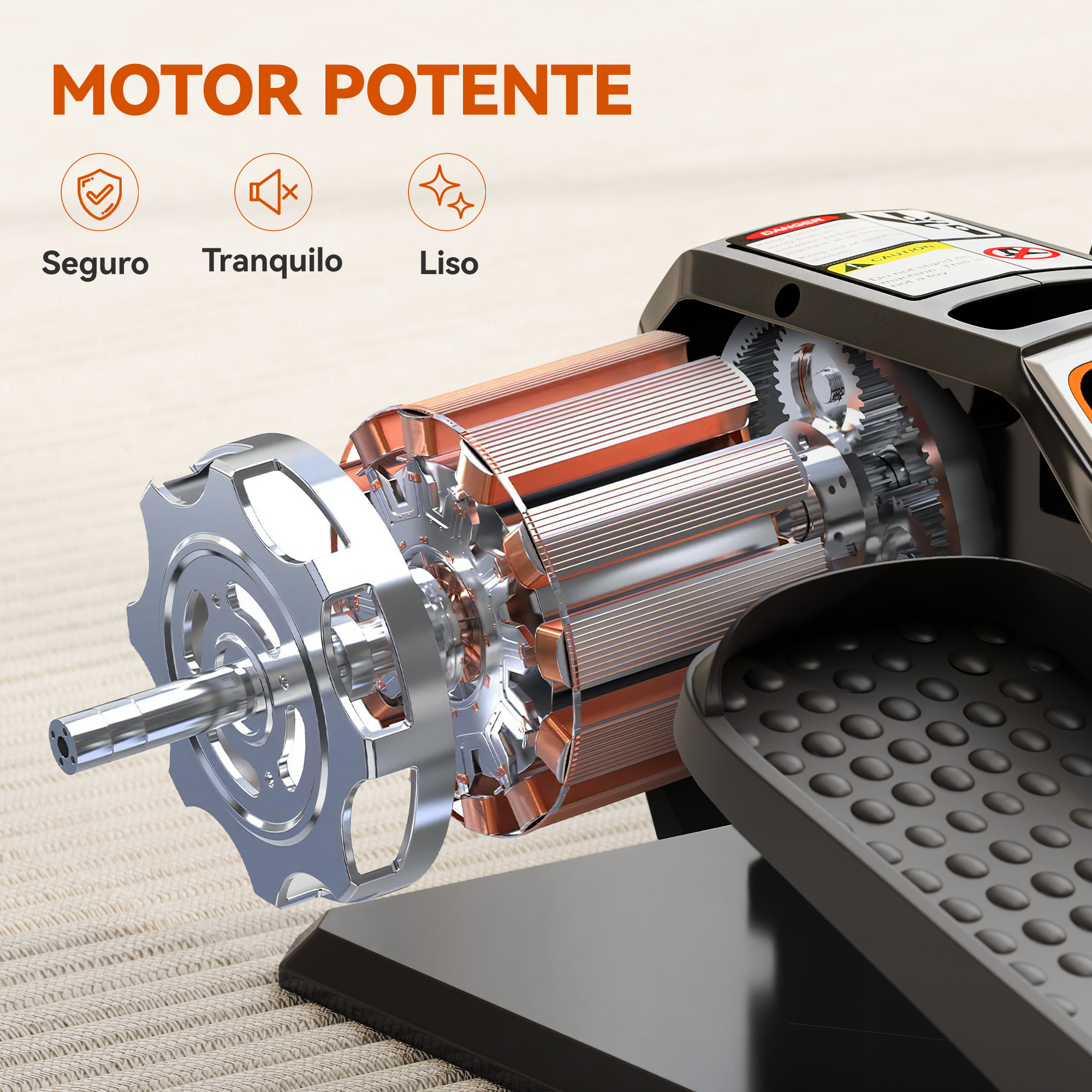 Diagrama técnico en 3D de un motor eléctrico potente, mostrando sus componentes internos de cobre y engranajes.