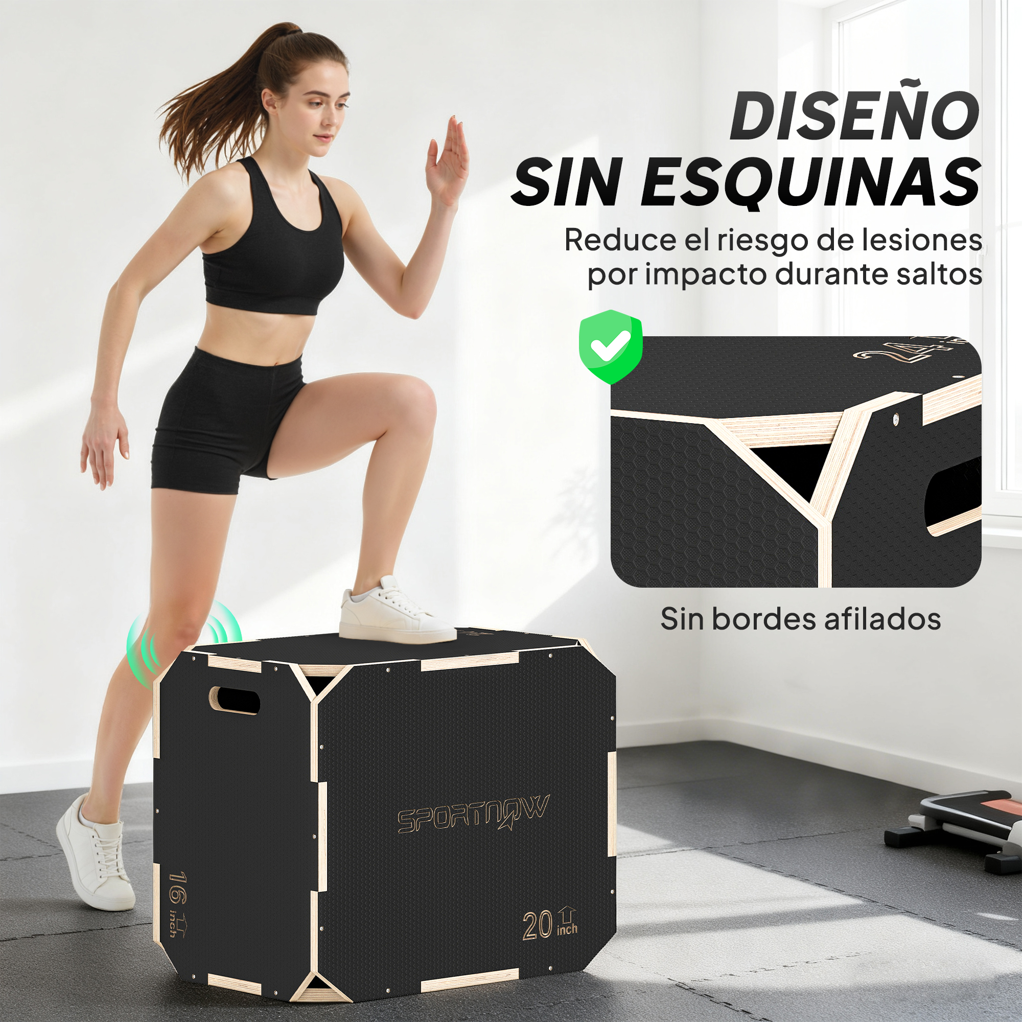 Una mujer en ropa deportiva sube a un cajón pliométrico negro con bordes redondeados y texto en español al fondo.