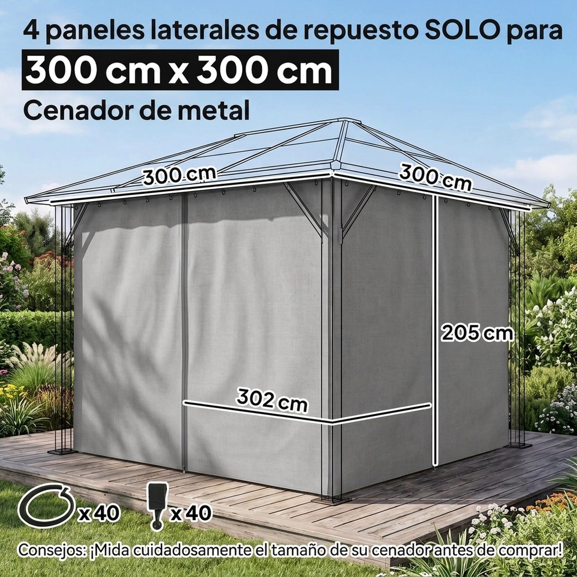 Cenador de metal gris con paneles laterales en una terraza de madera en un jardín, con líneas de medida.