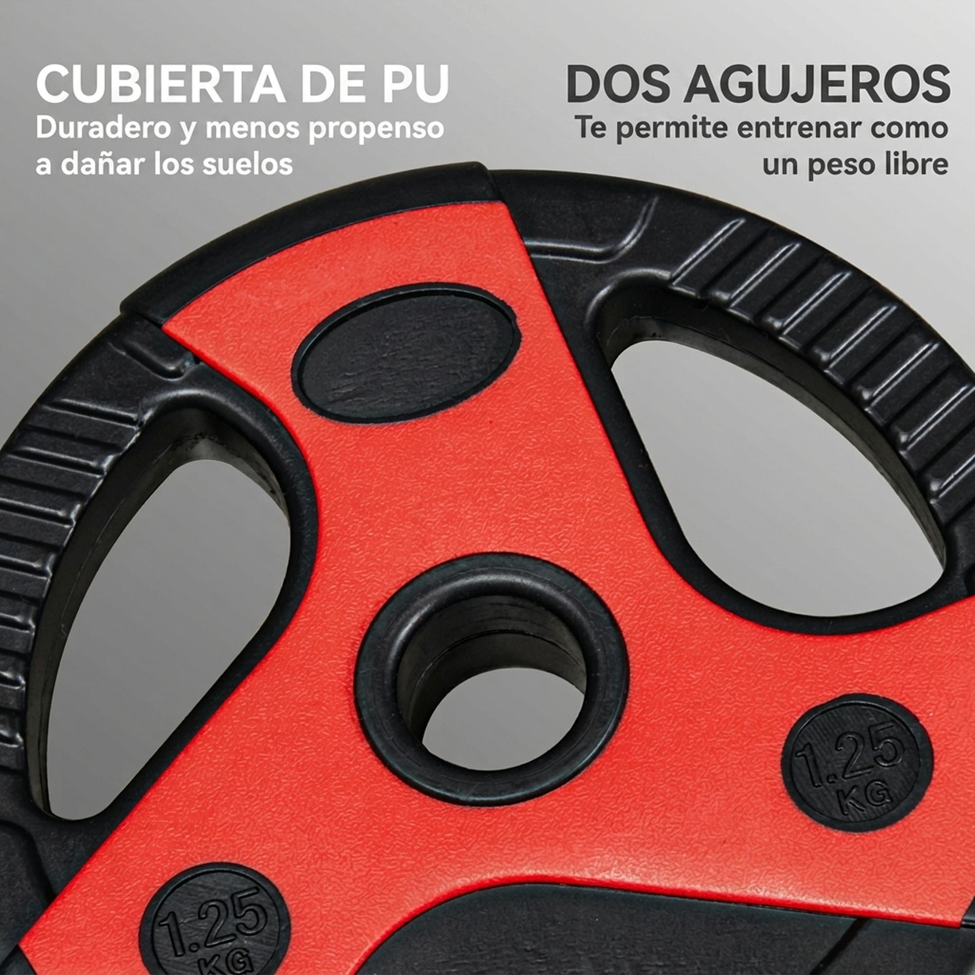 Disco de pesas de PU rojo y negro de 1.25 kg con asas sobre fondo gris.