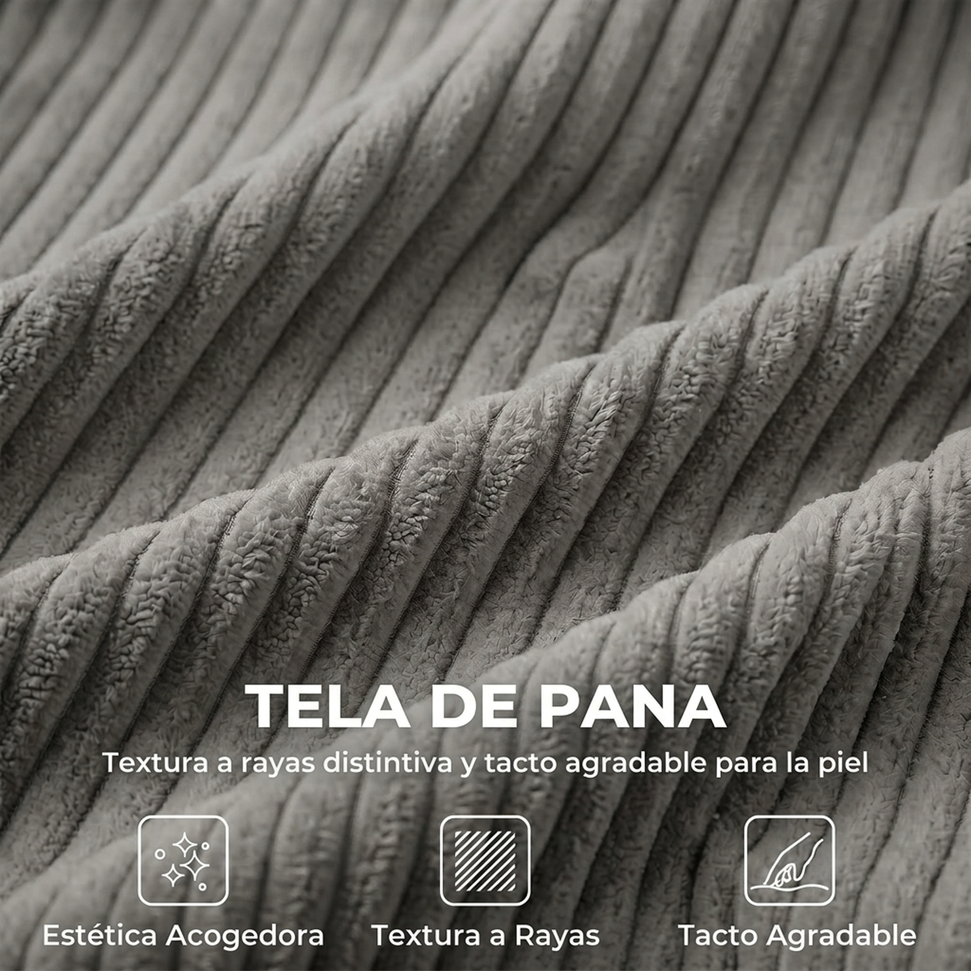Primer plano de tela de pana gris con texto superpuesto, mostrando su textura a rayas y suavidad.