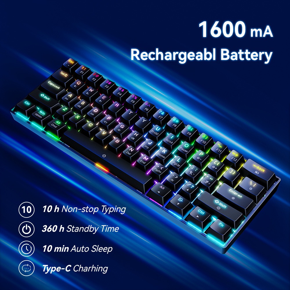 Beleuchtete kabellose Gaming-Tastatur mit Akku- und Funktionsinfos auf blauem Hintergrund.