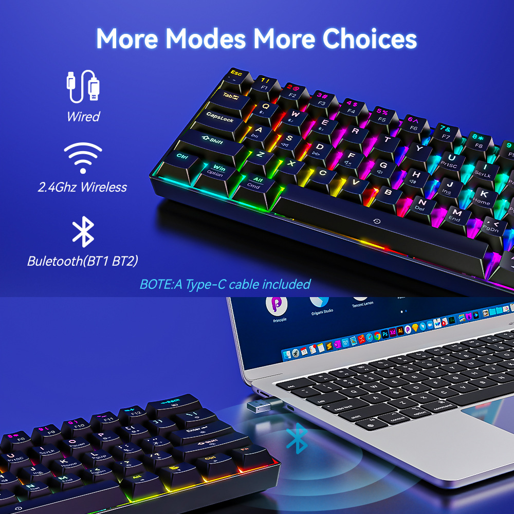 RGB-Tastatur mit verkabelten, 2,4GHz und Bluetooth-Modi vor blauem Hintergrund.