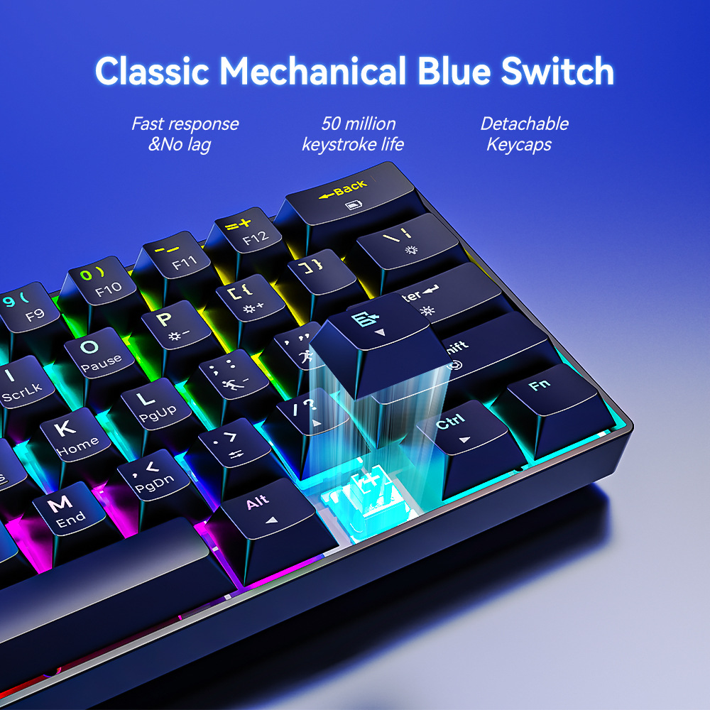 Mechanische Tastatur mit blauer Hintergrundbeleuchtung und abnehmbaren Tasten.