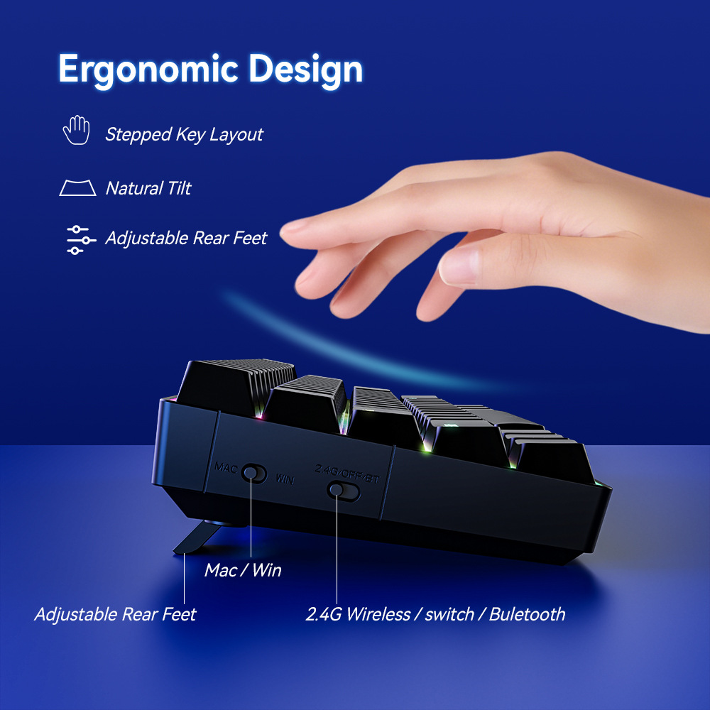 Eine Hand schwebt über einer ergonomischen mechanischen Tastatur mit verstellbaren Standfüßen und Verbindungsschaltern.