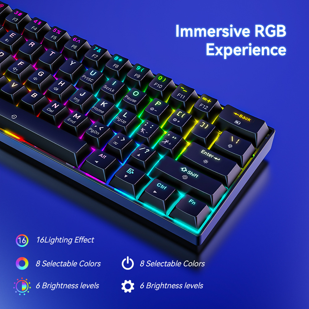 Eine schwarze mechanische Tastatur mit lebendiger RGB-Hintergrundbeleuchtung auf blauem Hintergrund.