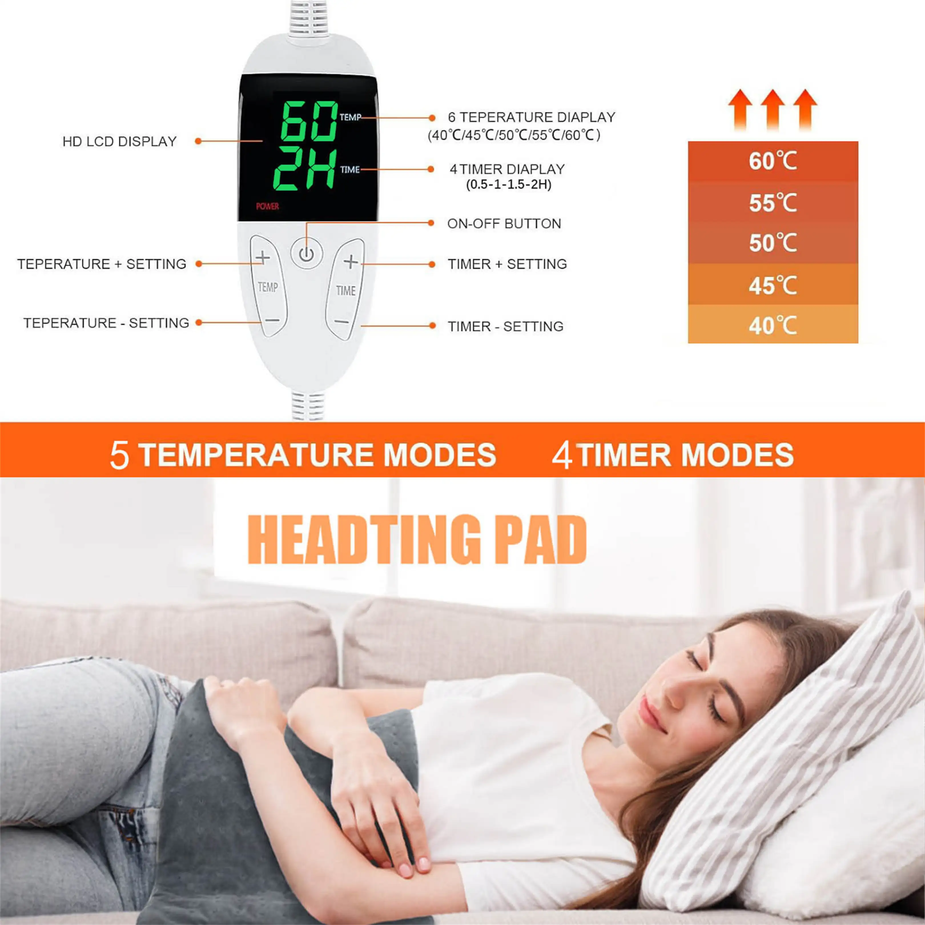 Heizkissen mit LCD-Controller zeigt 5 Temperatur- und 4 Timer-Modi.