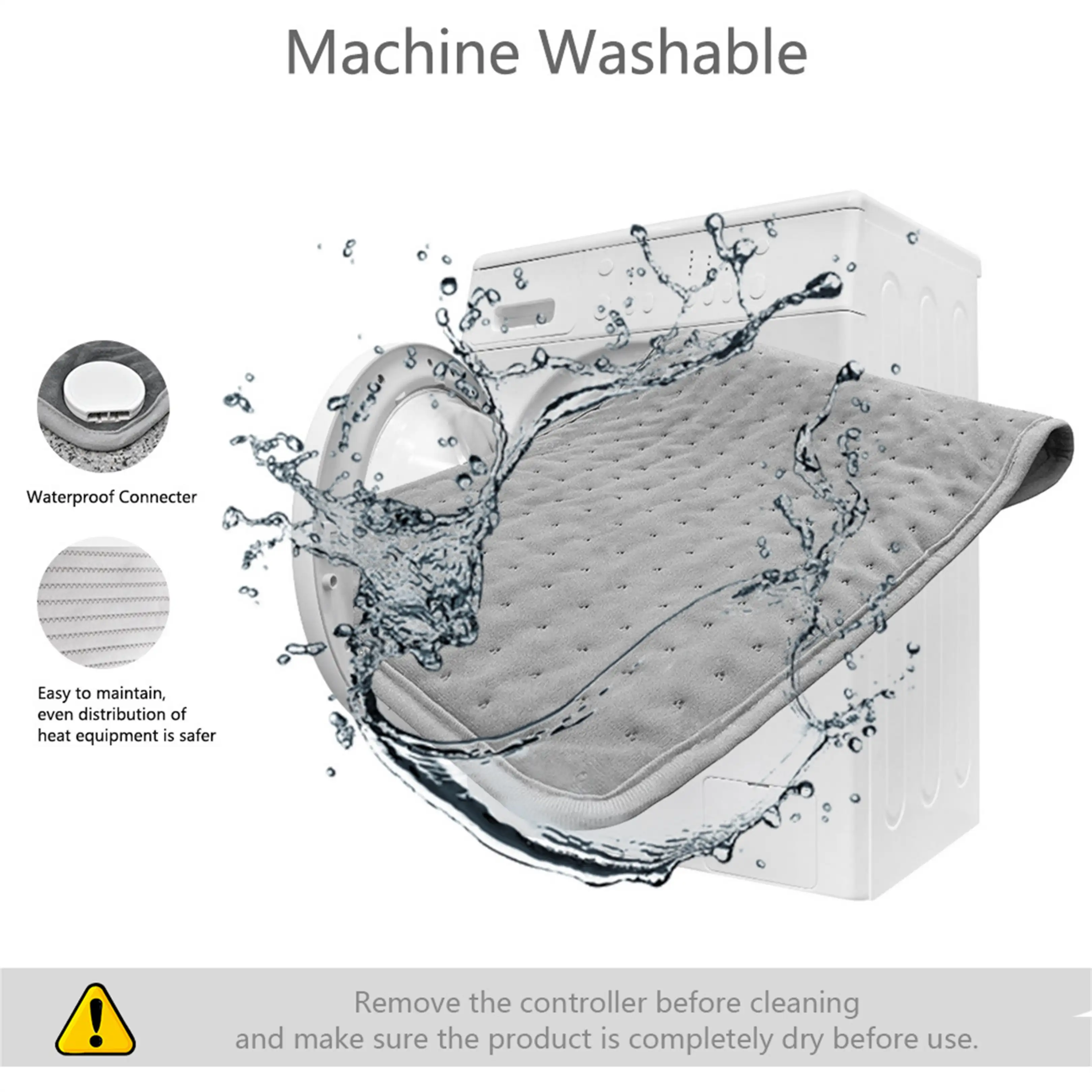 Ein graues Heizkissen neben einer Waschmaschine mit Wasserspritzern, was maschinenwaschbar anzeigt.