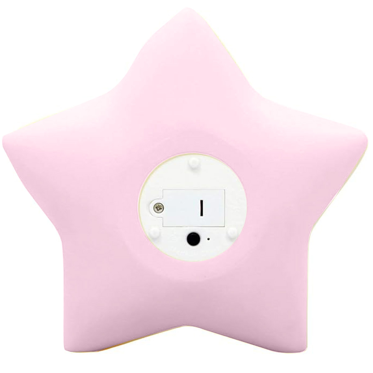 Rückseite einer pinken Stern-Lampe mit weißem Batteriefach und schwarzem Schalter.