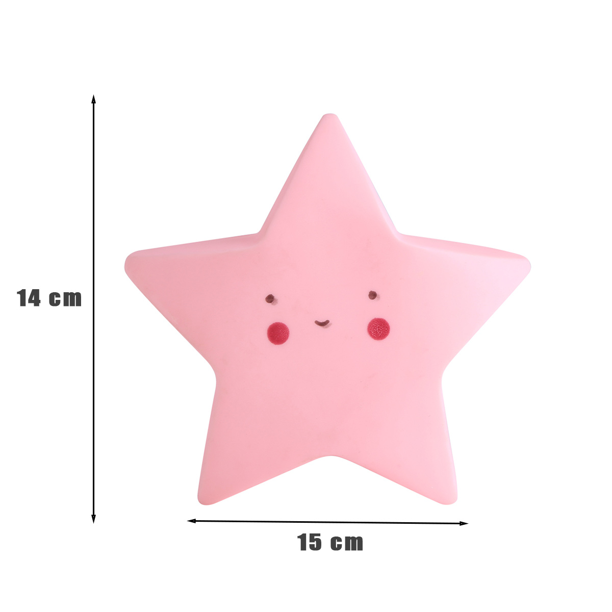 Ein süßes rosa sternförmiges Nachtlicht mit lächelndem Gesicht und roten Wangen, Maße 14 cm mal 15 cm.