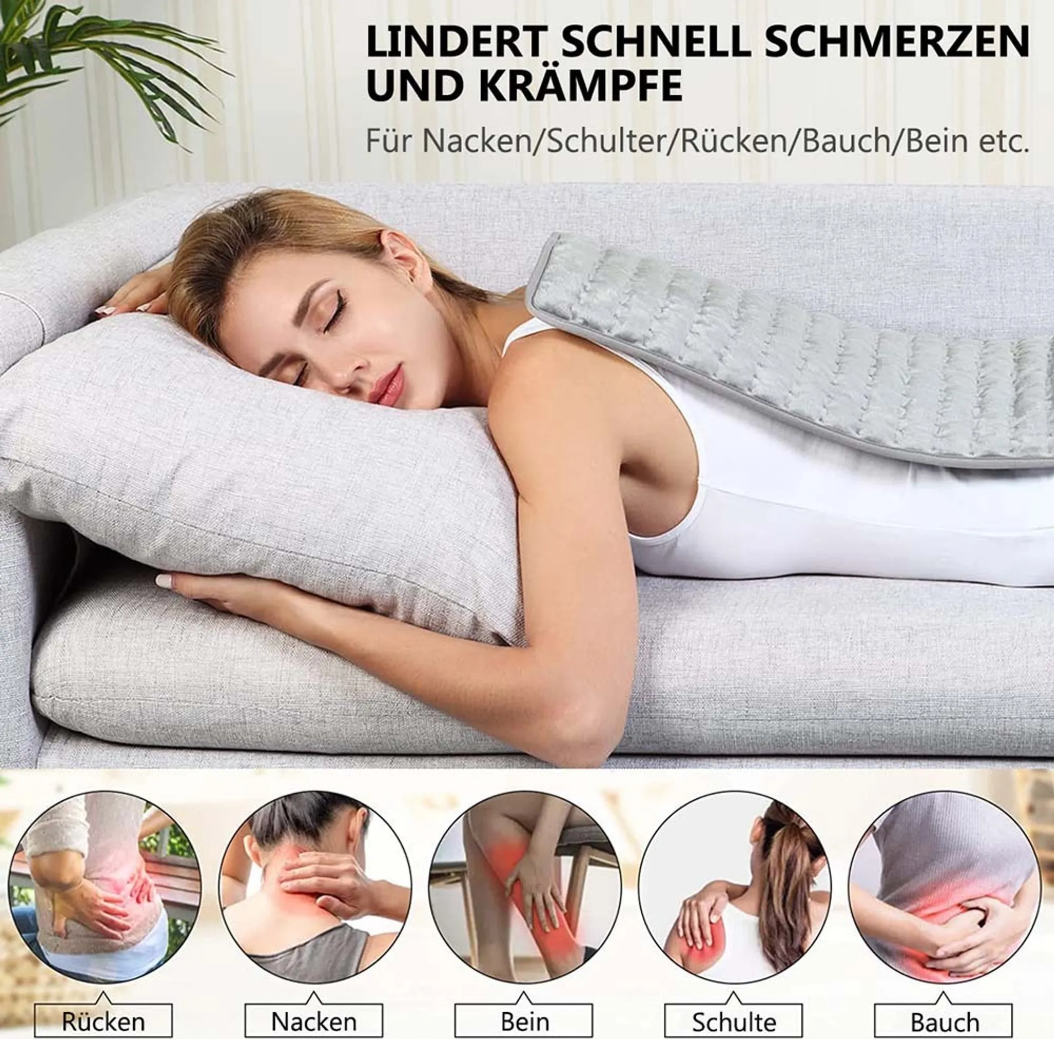 Eine Frau liegt auf einem Sofa mit einer grauen Wärmeauflage auf dem Rücken und deutscher Textwerbung.