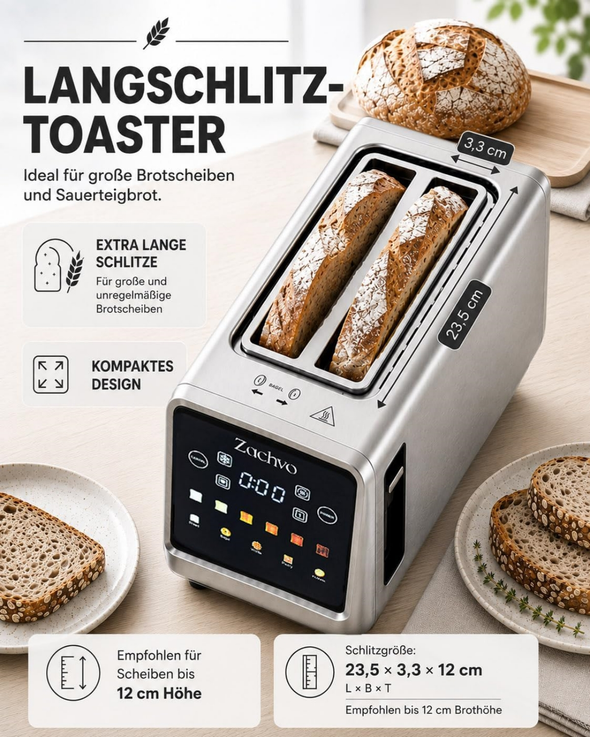 Silberner Langschlitztoaster mit digitalem Display, Maße und Brotscheiben.