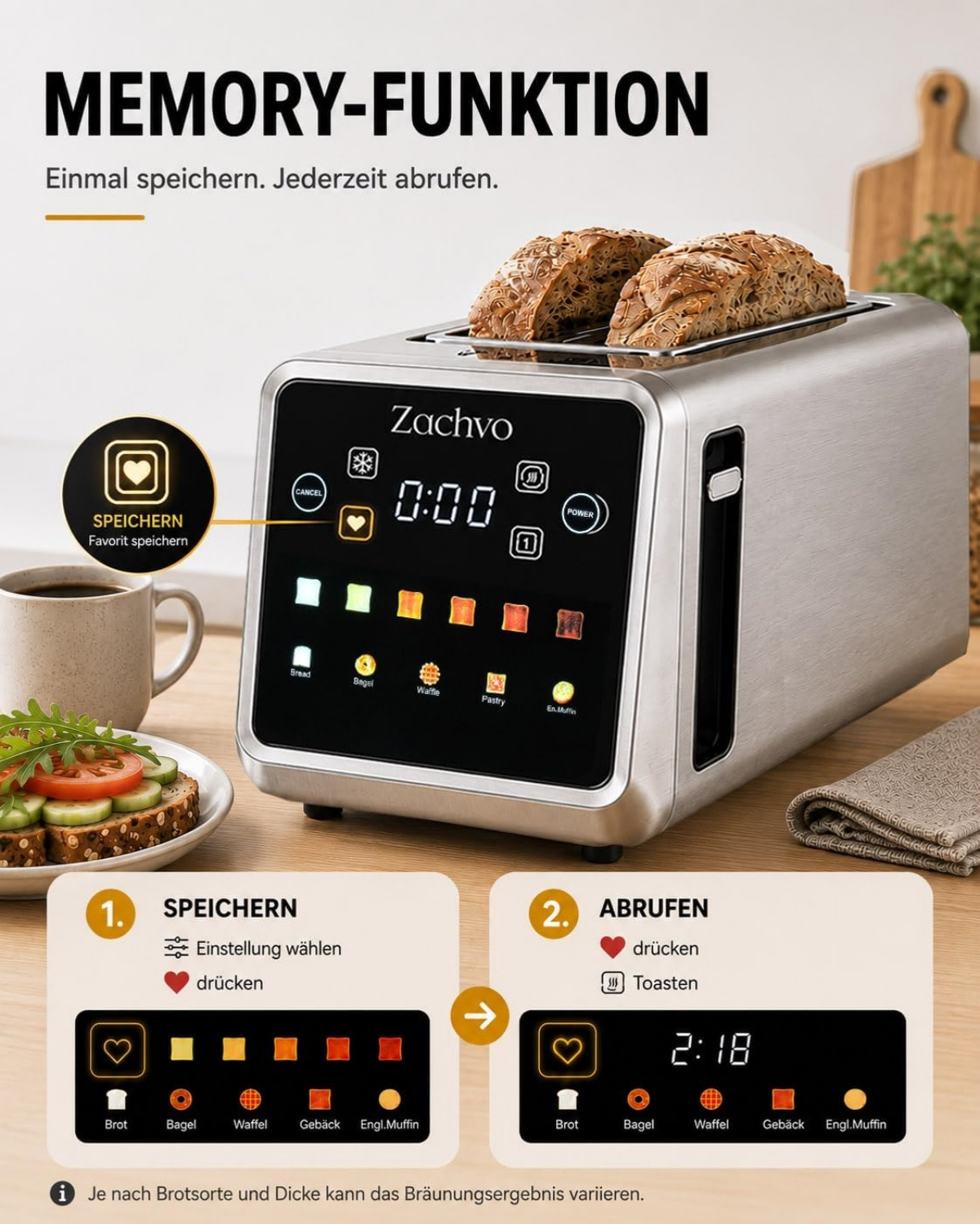 Silberner Zachvo Toaster mit digitalem Display und Toastscheiben, auf einem Holztisch stehend.