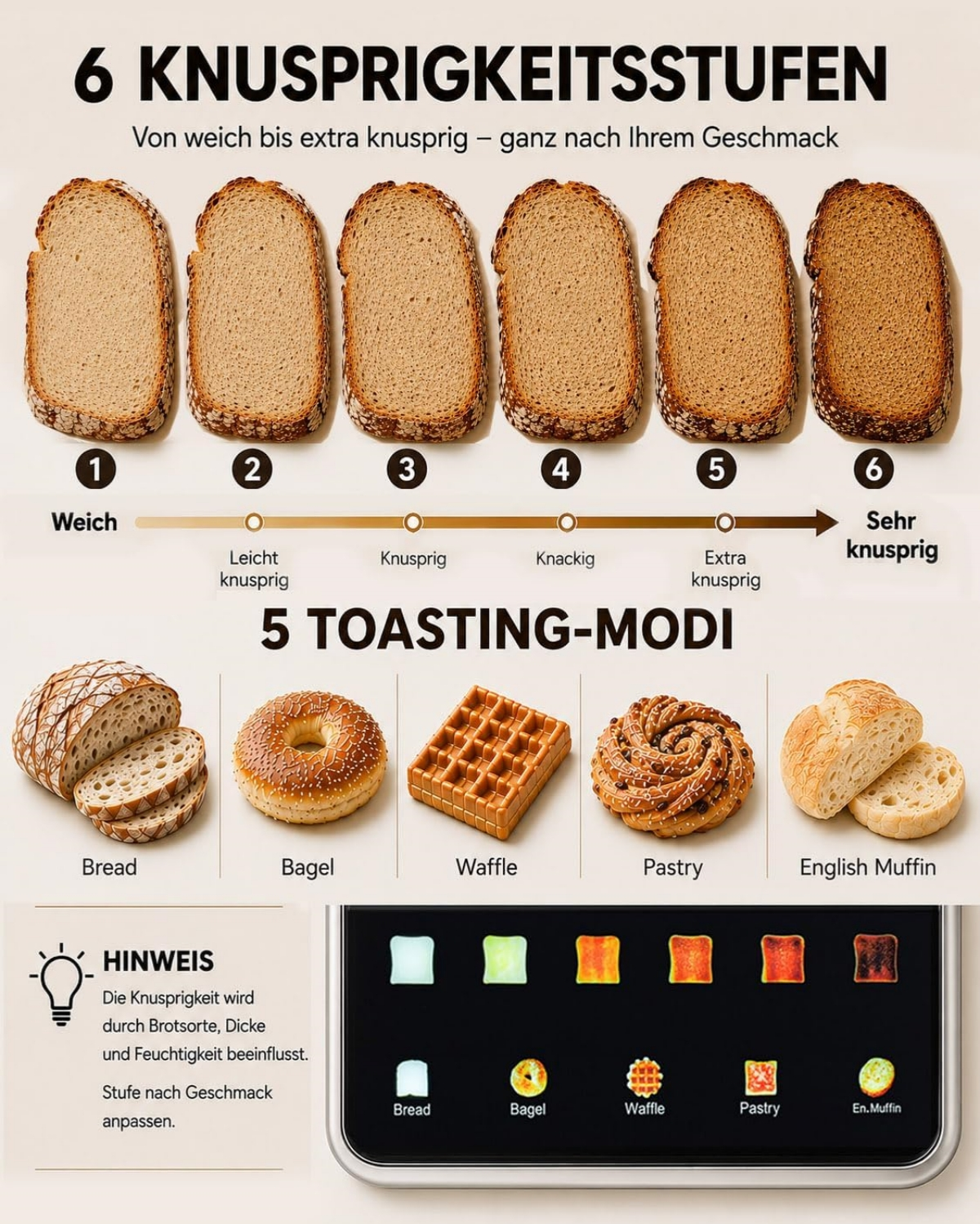 Infografik zeigt 6 Toaststufen von weich bis extra knusprig und 5 Toastmodi für verschiedene Backwaren.