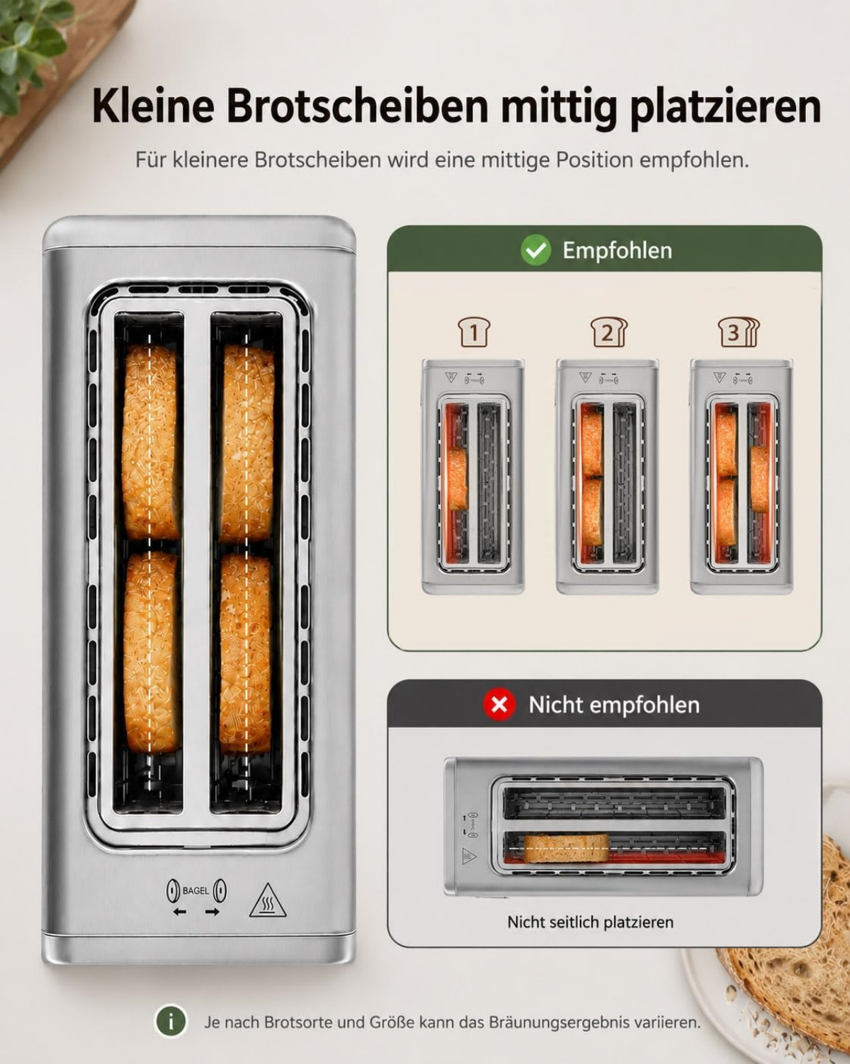 Anleitung zum Platzieren kleiner Brotscheiben in der Mitte des Toasters, mit Empfehlungen und Verboten.