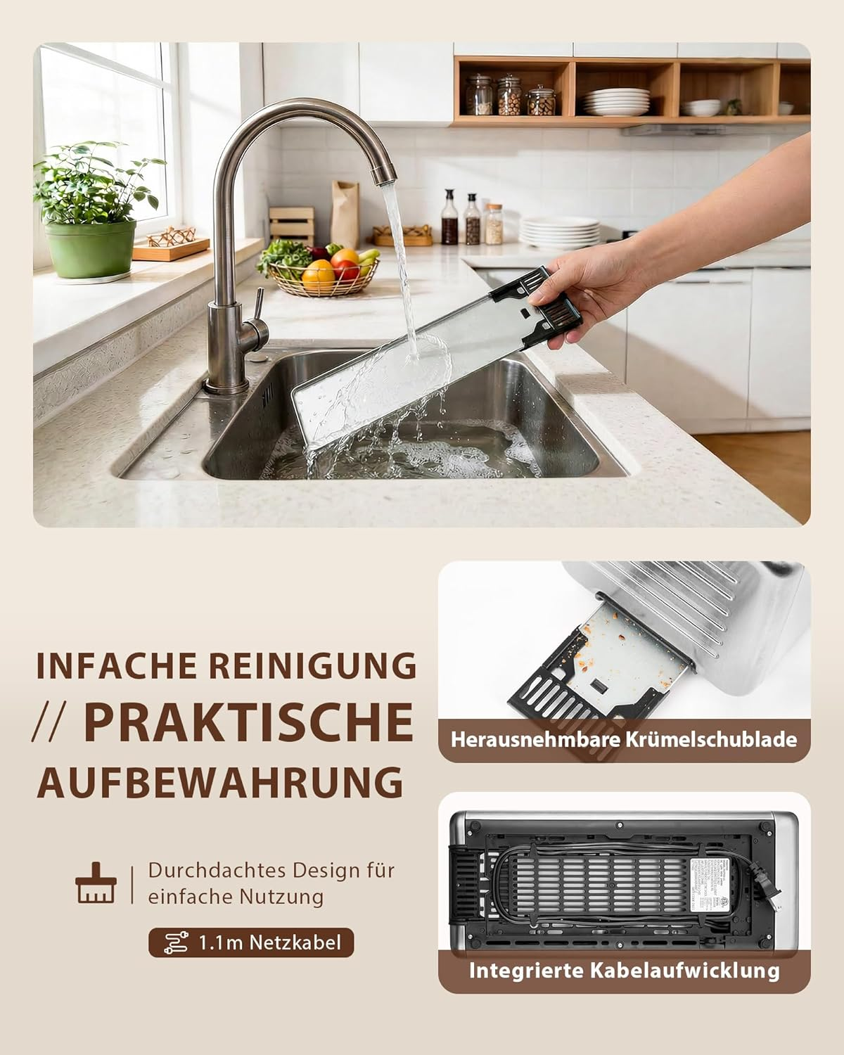 Hand wäscht herausnehmbare Krümelschublade einer Toaster unter dem Küchenwasserhahn.