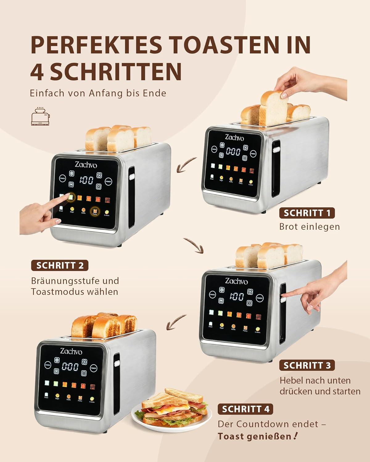 Eine Anleitung in vier Schritten zur Bedienung eines Toasters, vom Einlegen des Brotes bis zum Genießen.