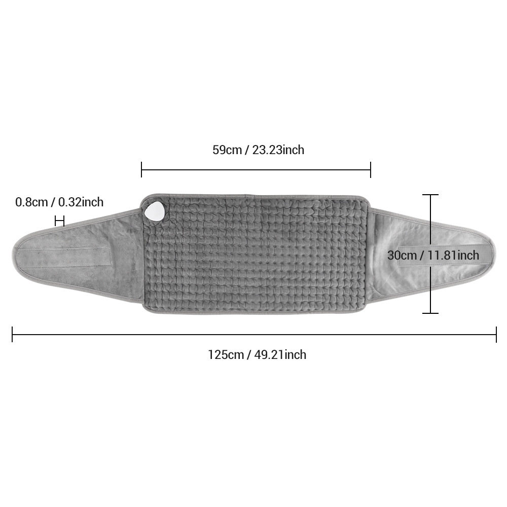 Graues Heizkissen mit Maßen: Länge 125cm, Breite 30cm, Kissenlänge 59cm und Dicke 0,8cm.