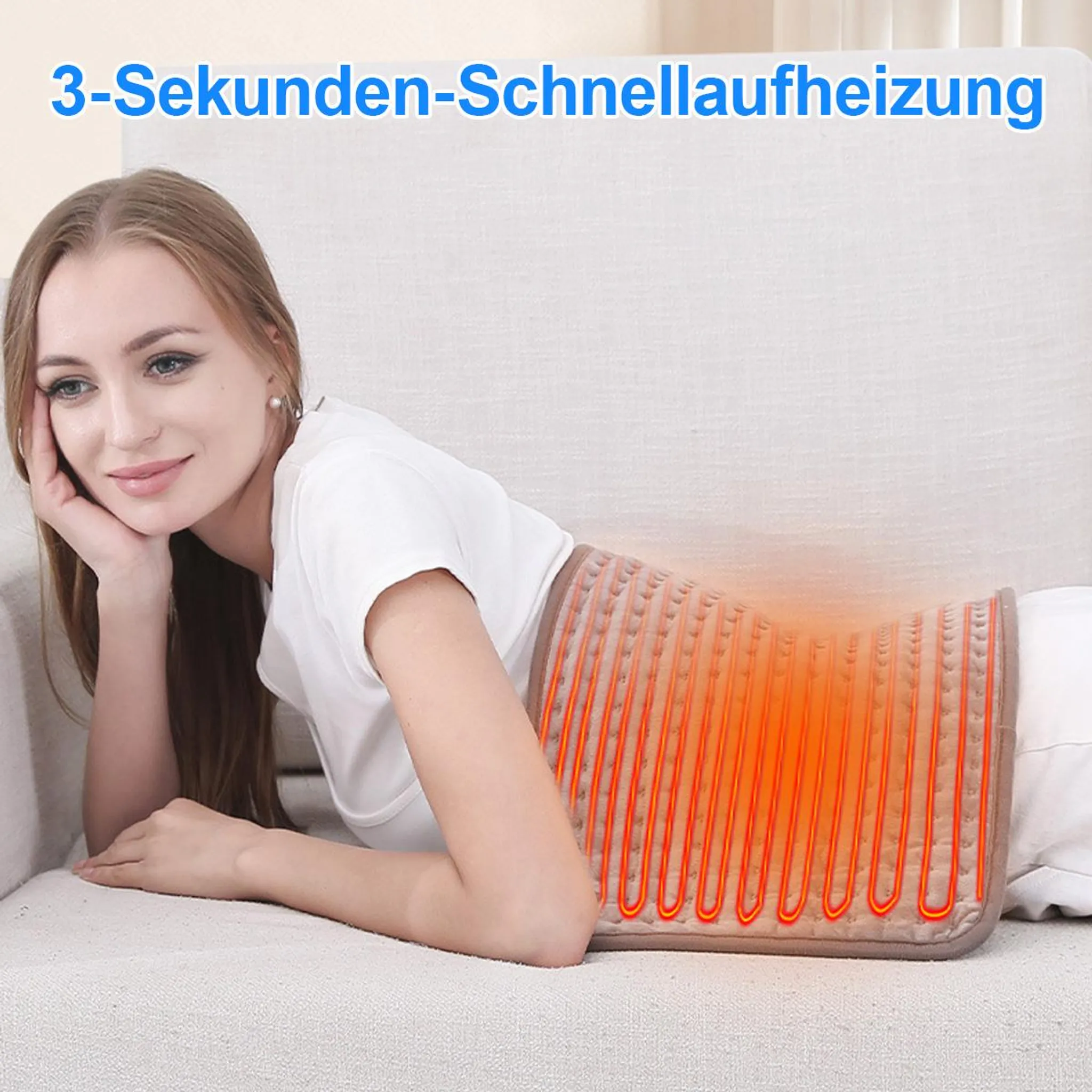 Eine Frau liegt auf einem Sofa mit einer Heizweste um ihren Rücken, darüber blauer Text.
